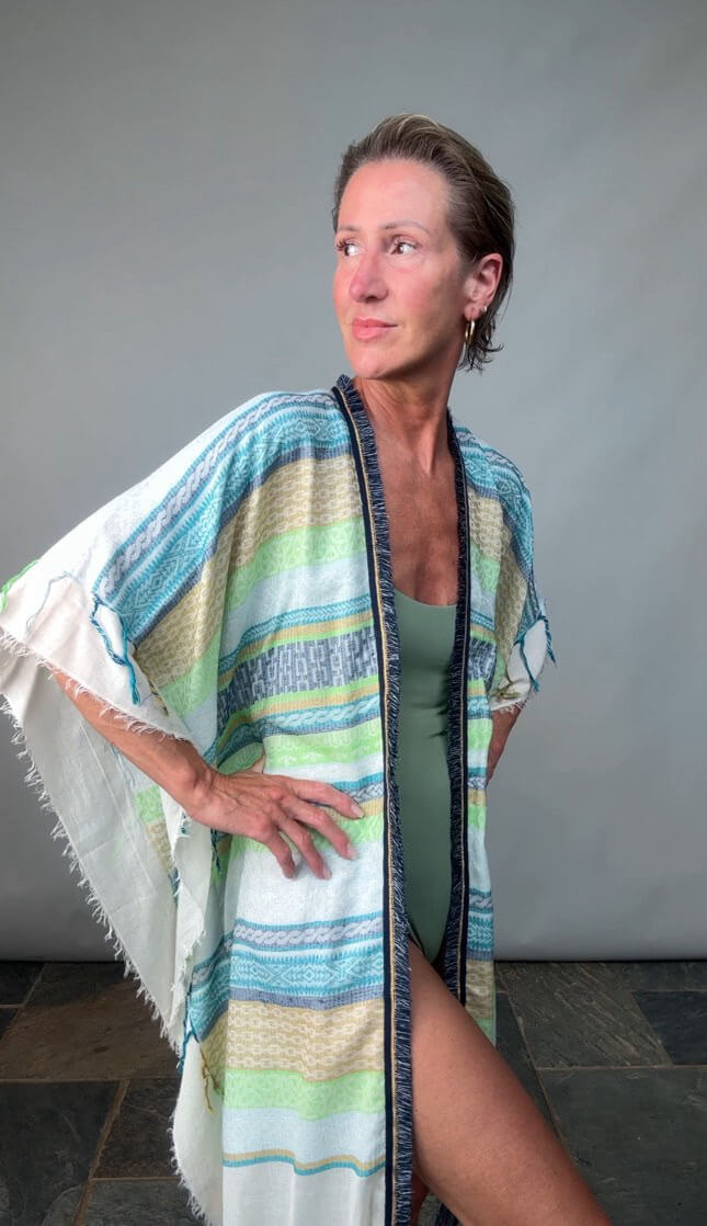 Blue & Green Stripe Kaftan with Navy & Gold Trim