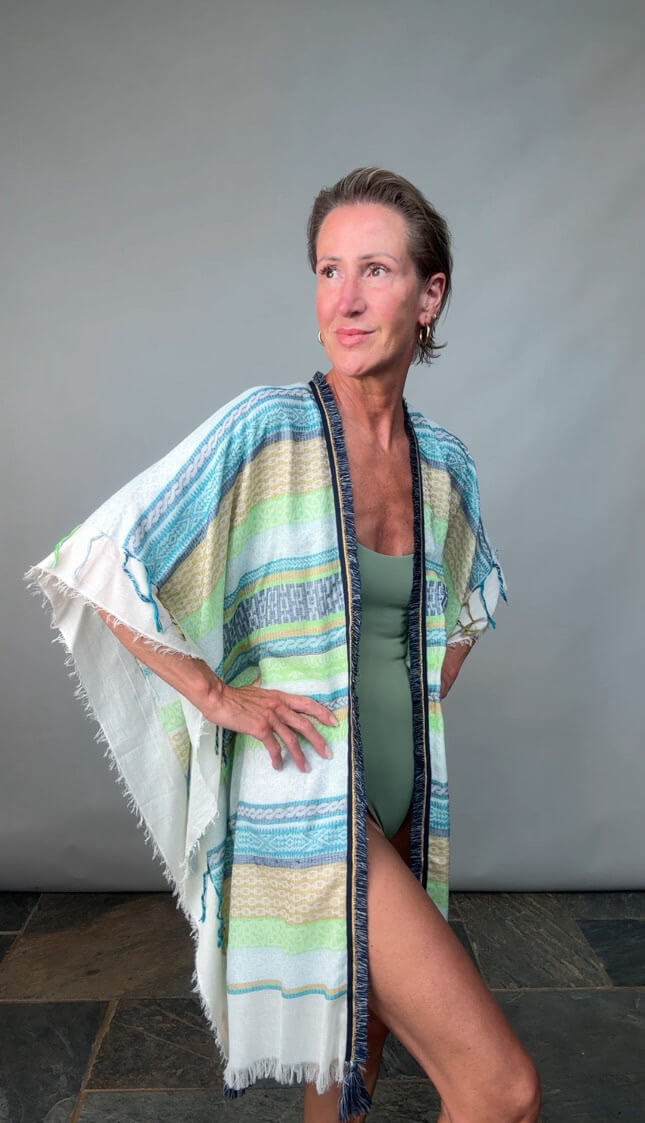 Blue & Green Stripe Kaftan with Navy & Gold Trim