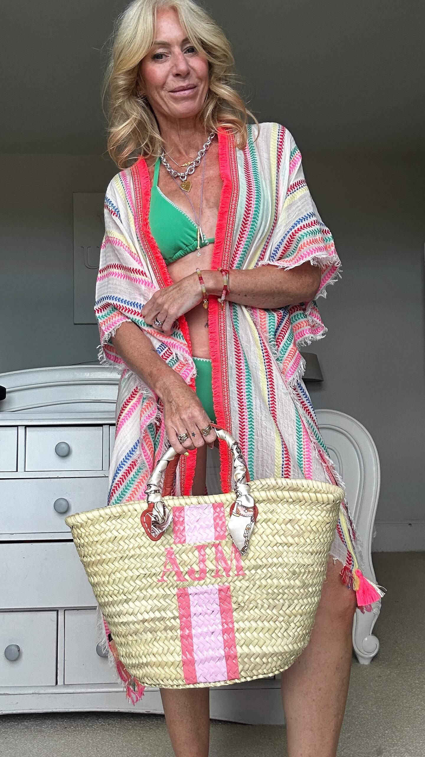 Multi Stripe with Neon Pink Trim Kaftan