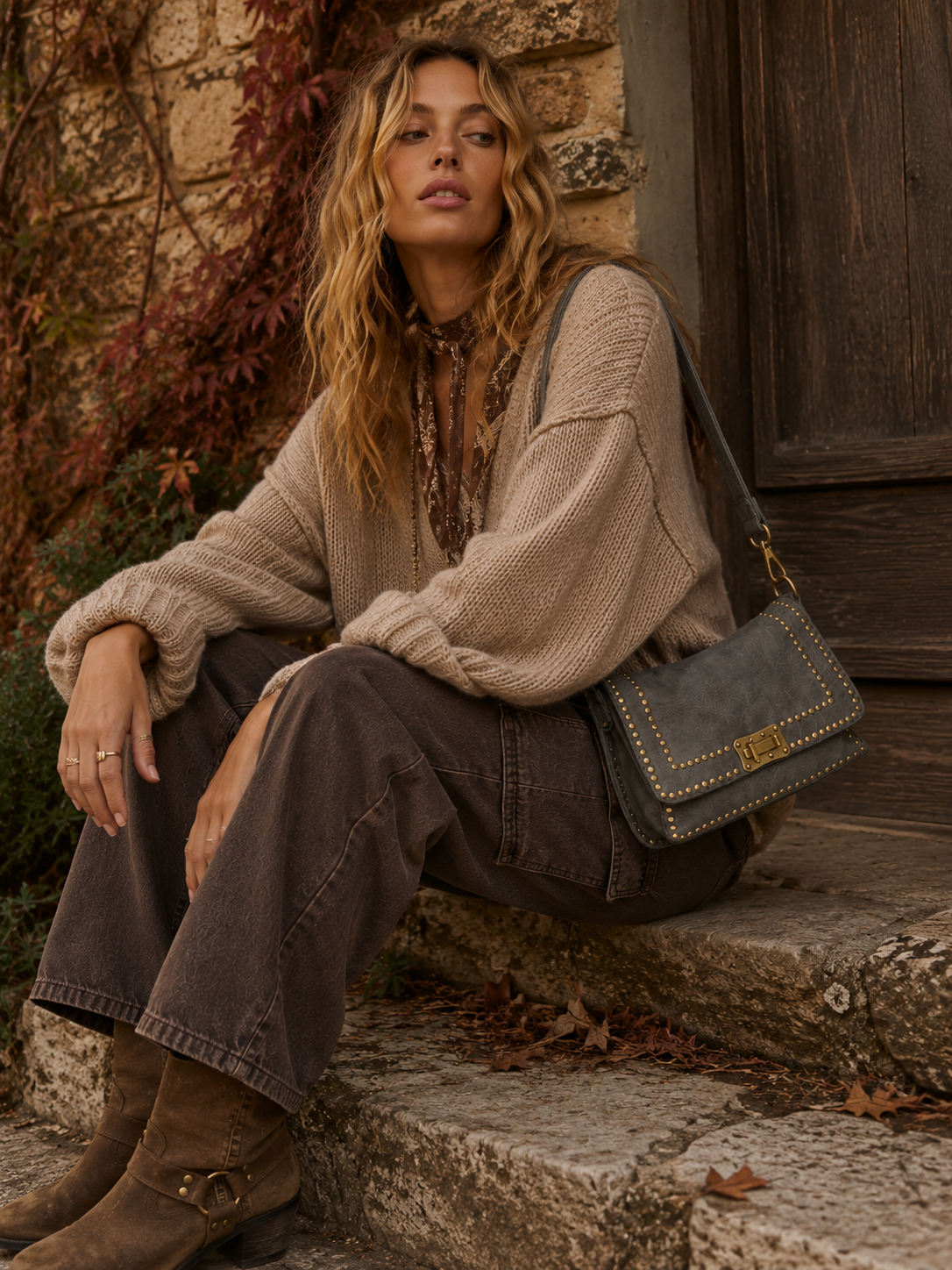 Studded Vintage Leather Bag | Elephant Grey