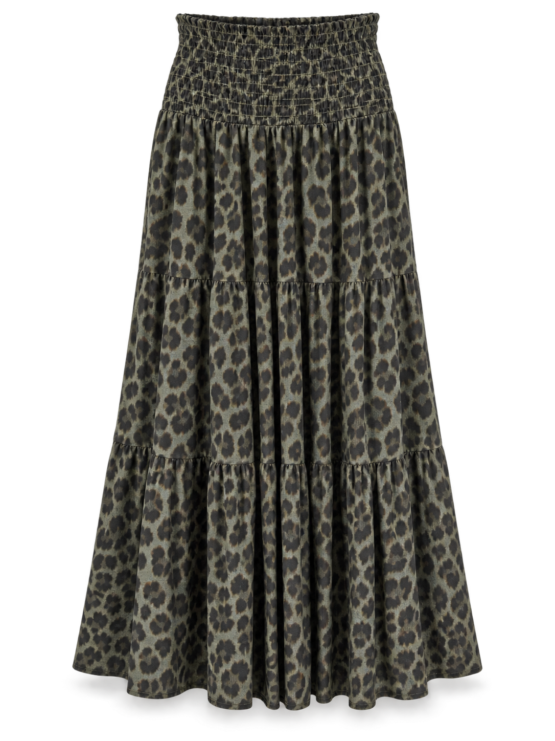 Khaki Leopard Tiered Midi Skirt