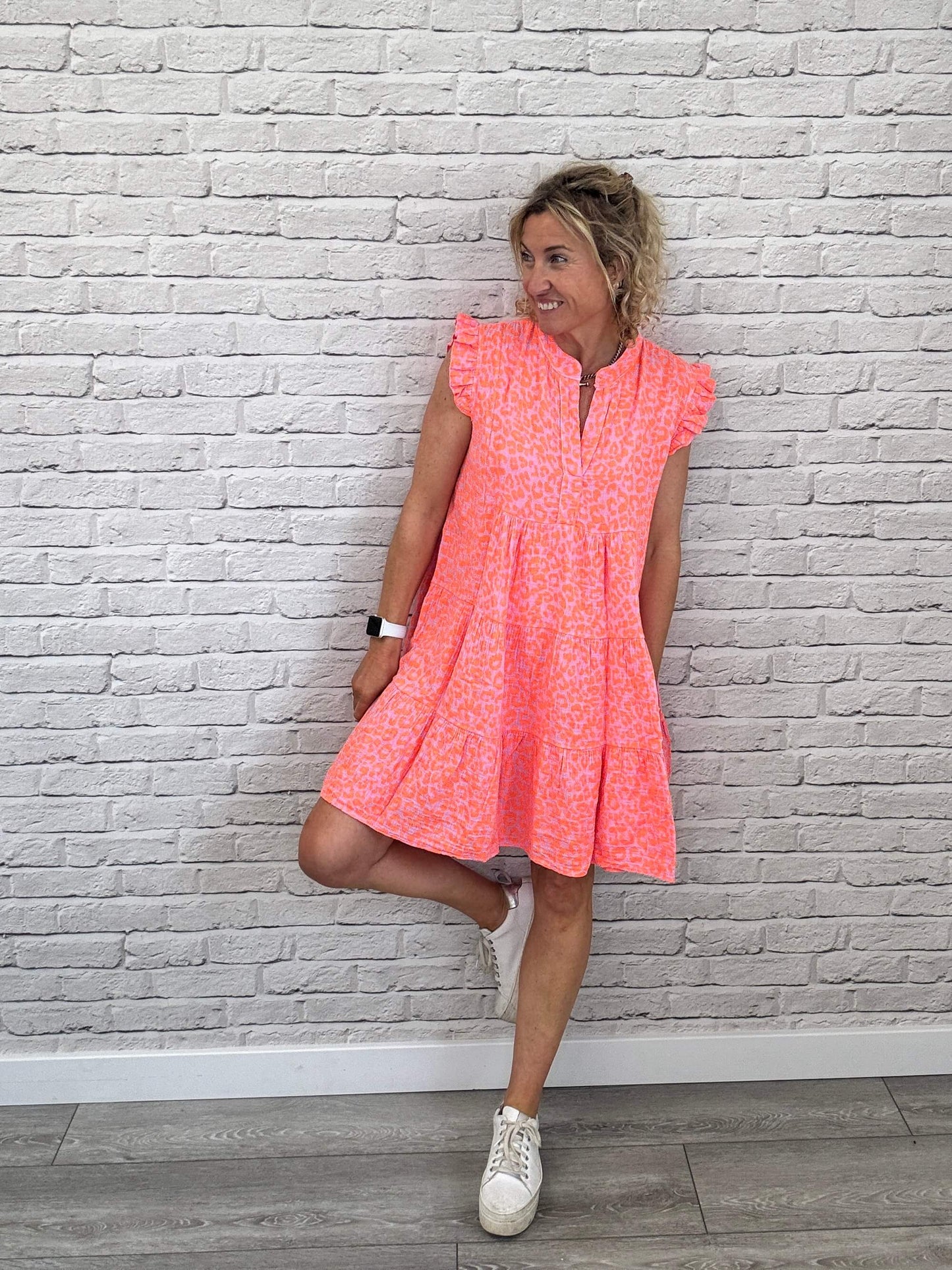 Zoe Leopard Dress | Neon Coral