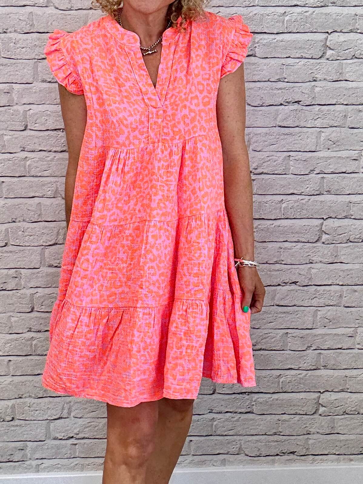 Zoe Leopard Dress | Neon Coral