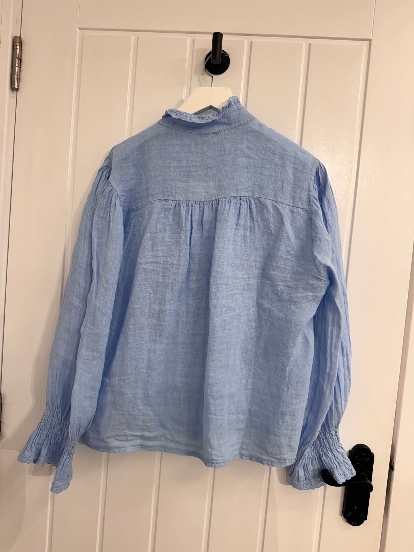 Light Blue Linen Ruffle Blouse