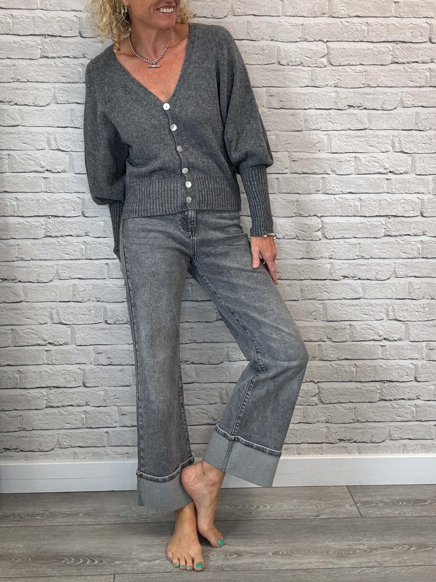 Rockafella High Waist Cuffed Jeans | Washed Grey