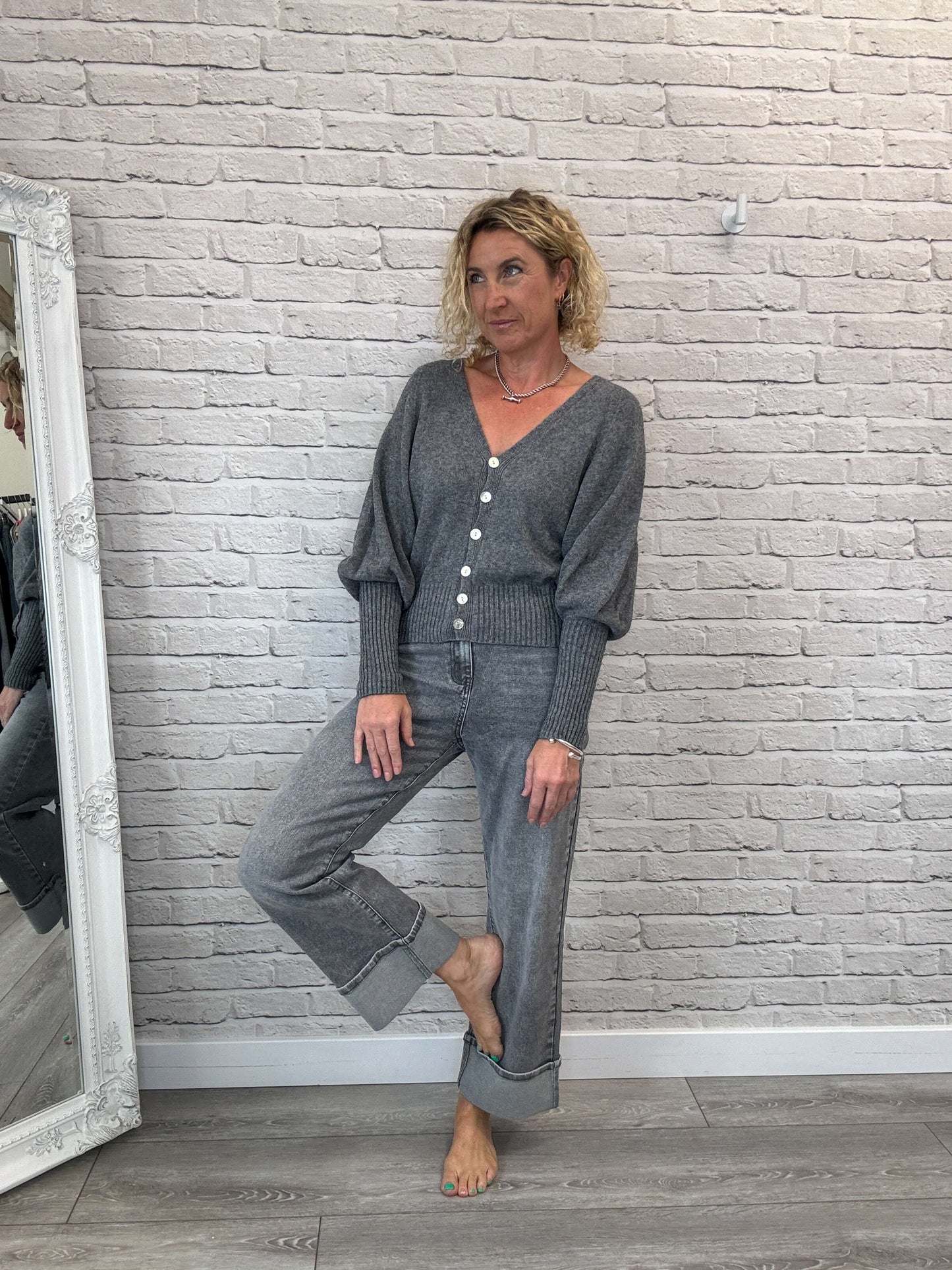 Rockafella High Waist Cuffed Jeans | Washed Grey