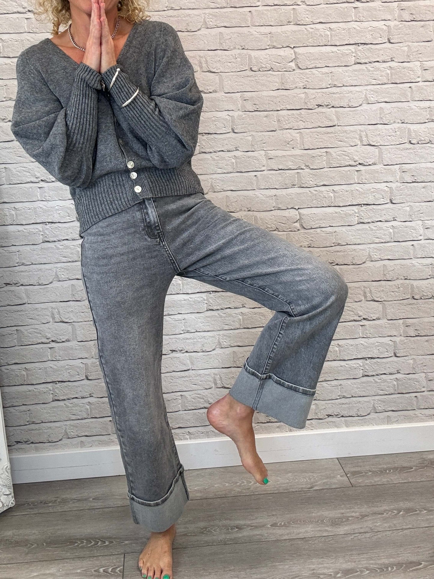 Rockafella High Waist Cuffed Jeans | Washed Grey