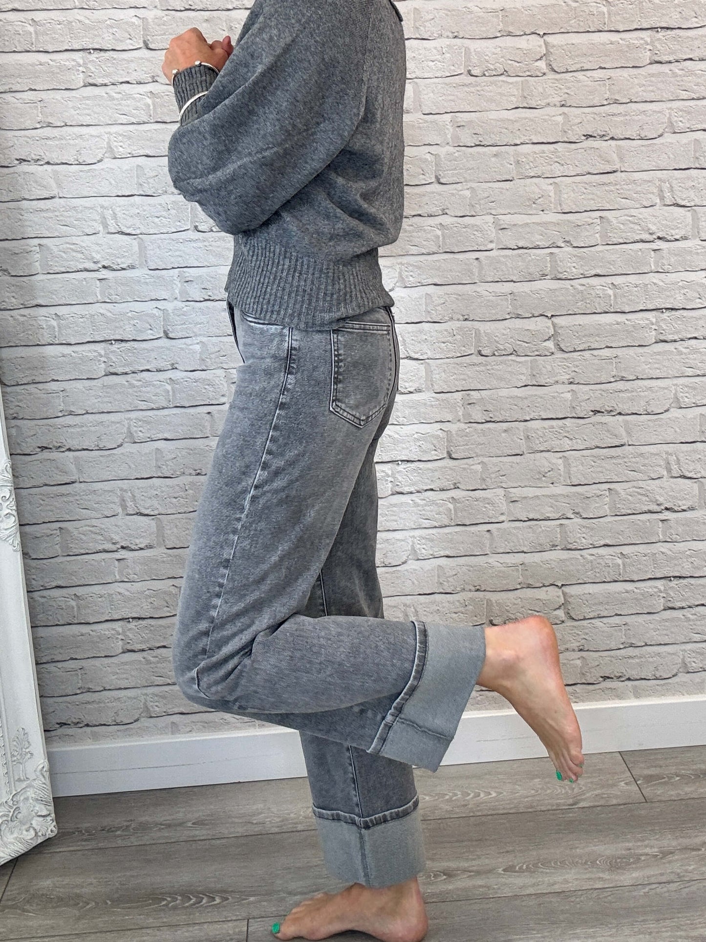 Rockafella High Waist Cuffed Jeans | Washed Grey