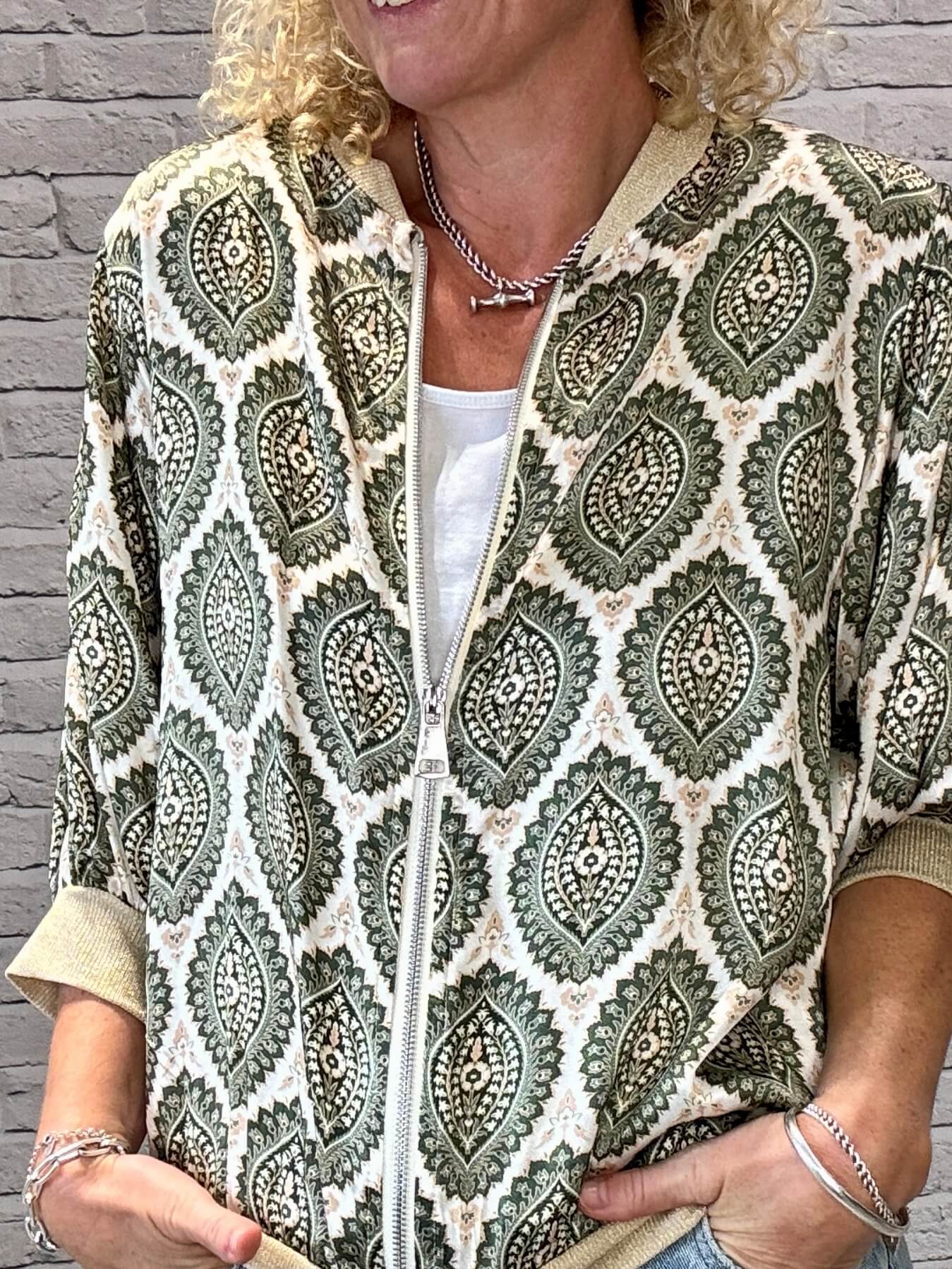 Enya Mix Silk Bomber | Khaki & Gold