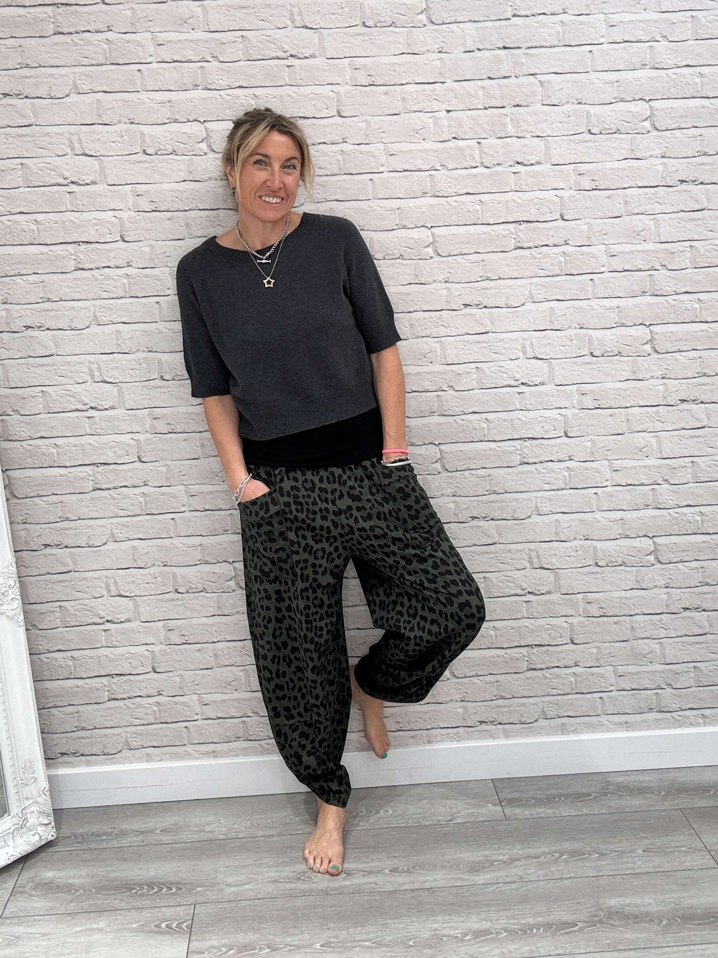 Barrel Slouch Pants | Dark Green Leopard (NEW)