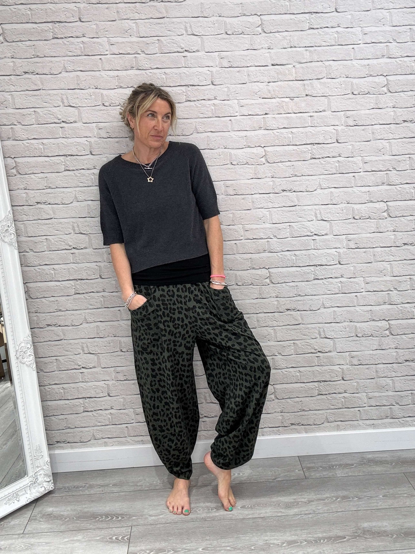 Barrel Slouch Pants | Dark Green Leopard (NEW)