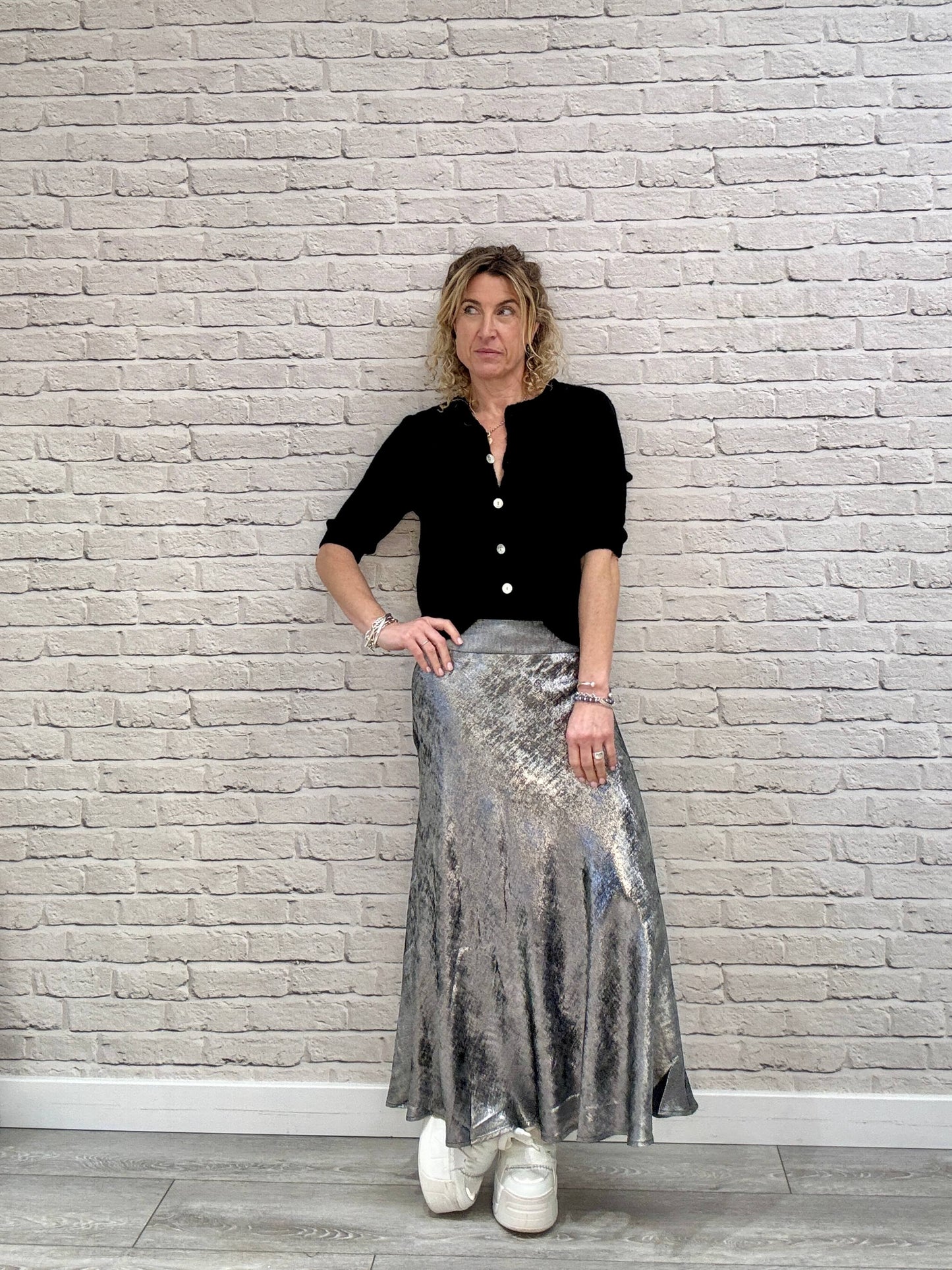 Silver Metallic Midi-Maxi Skirt