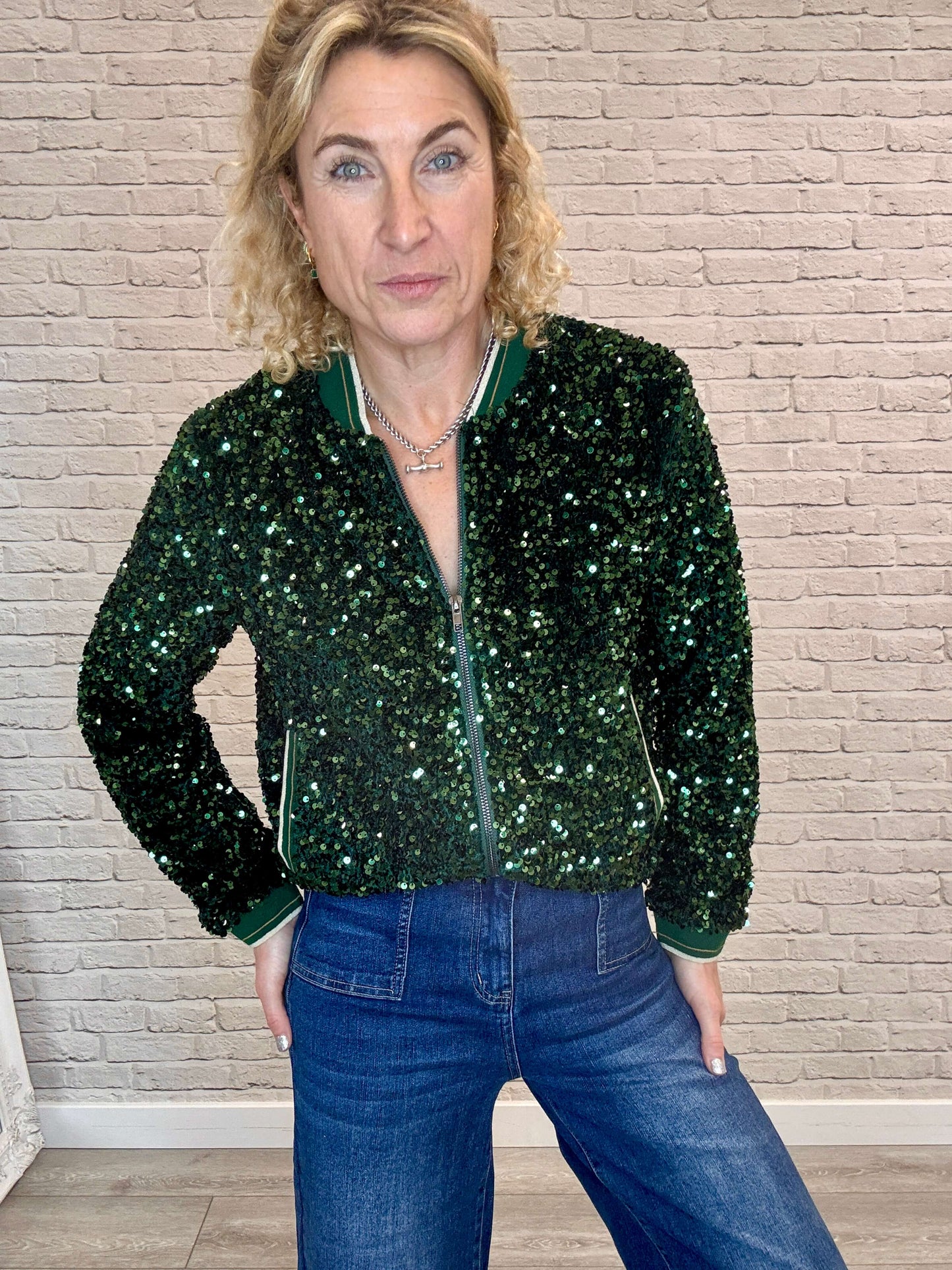 Sienna Sequin Bomber Jacket | Emerald