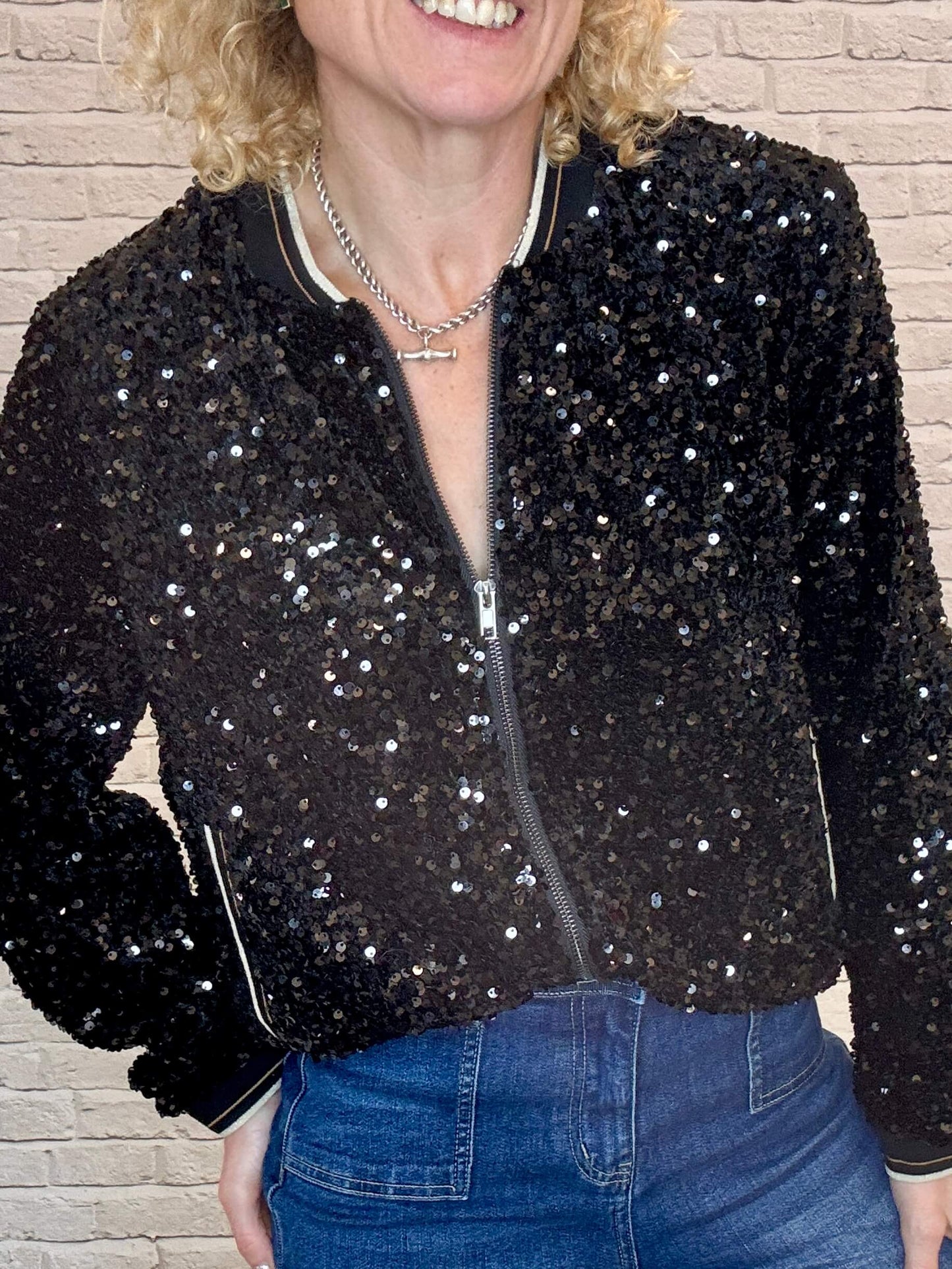 Sienna Sequin Bomber Jacket | Black