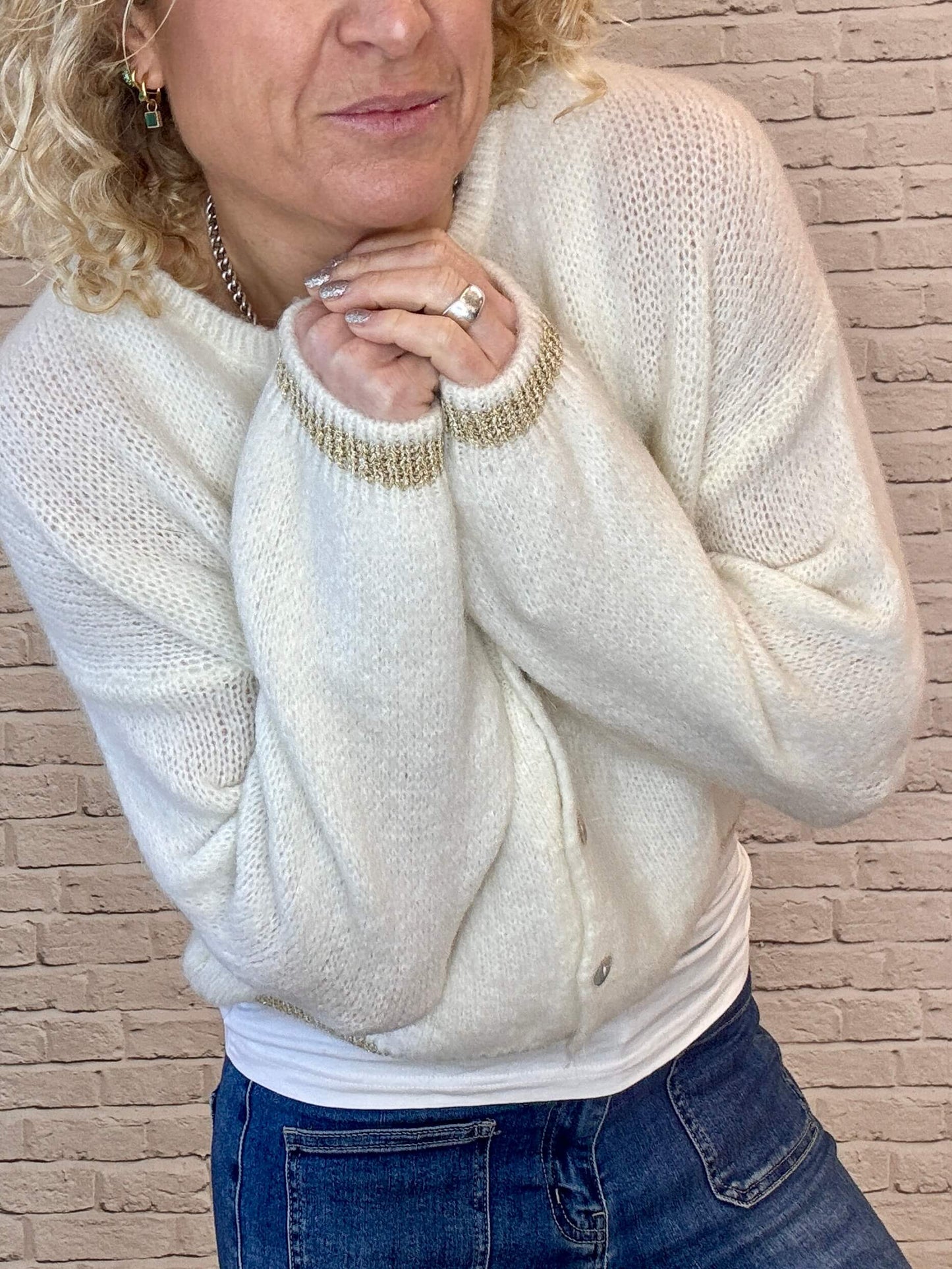 Long Sleeve Hamptons Cardigan | Winter White & Gold (NEW)