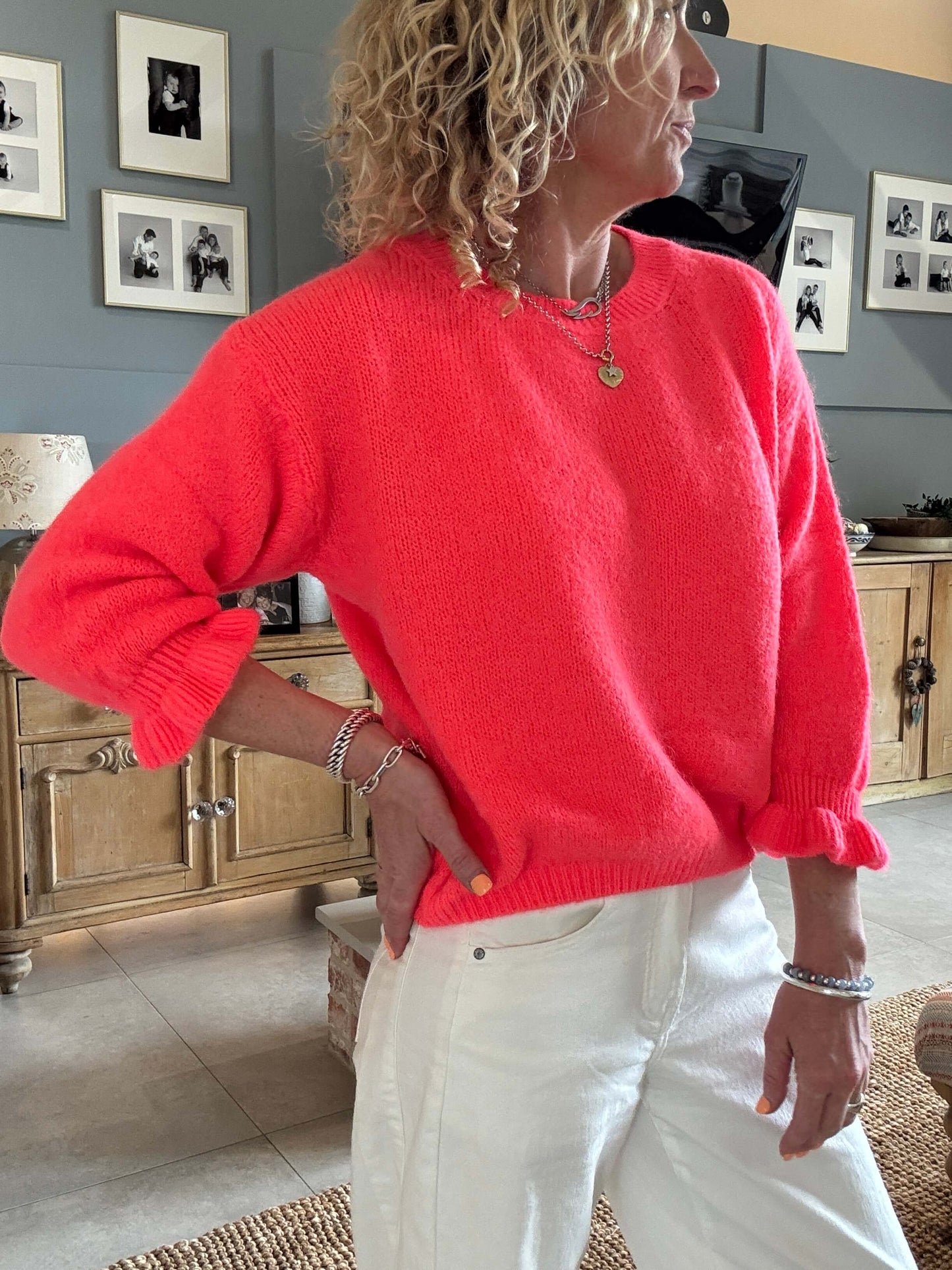 Evie Frill Sleeve Jumper | Neon Coral