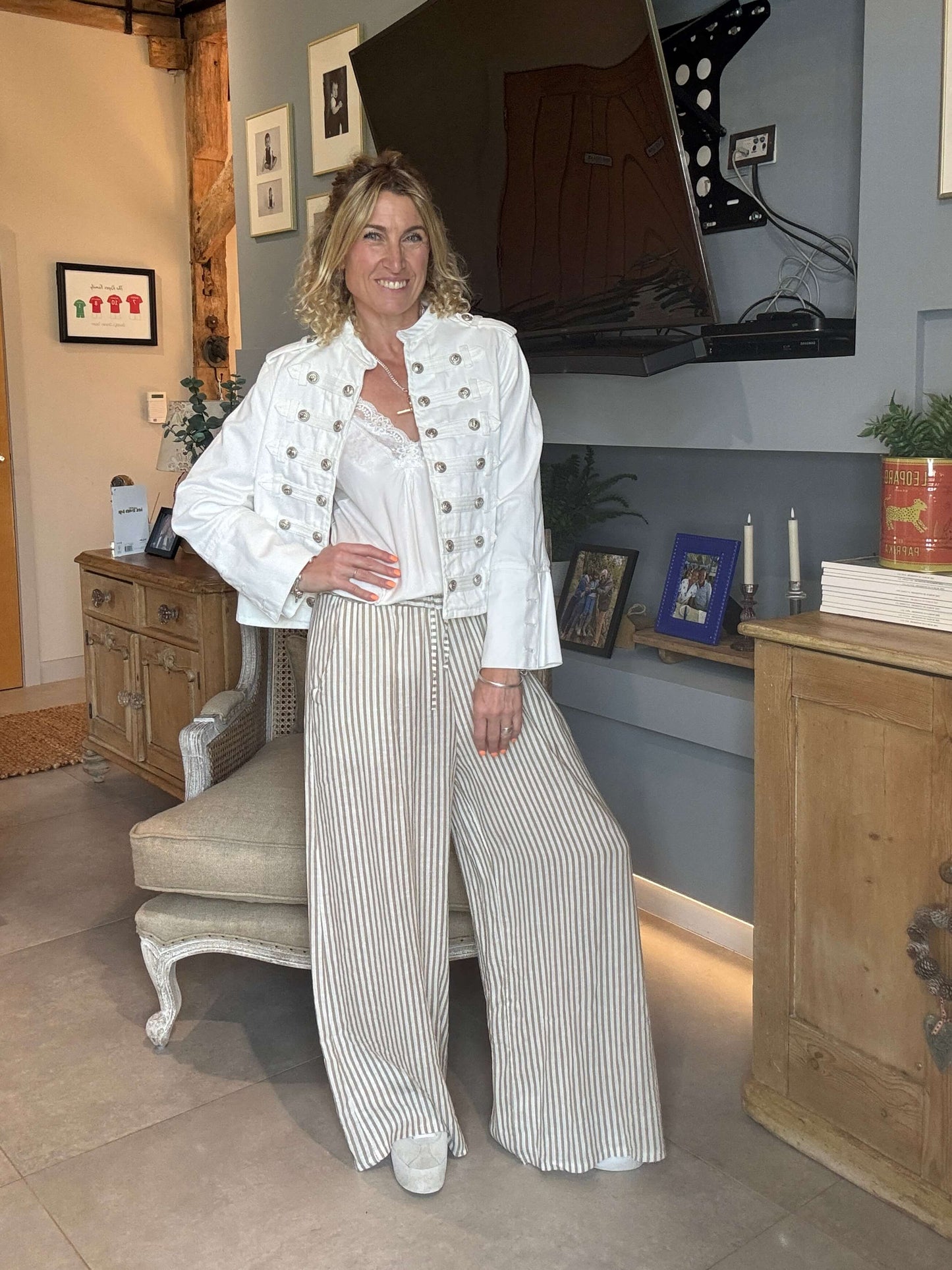 Candy Stripe Linen Trousers | Coffee & White