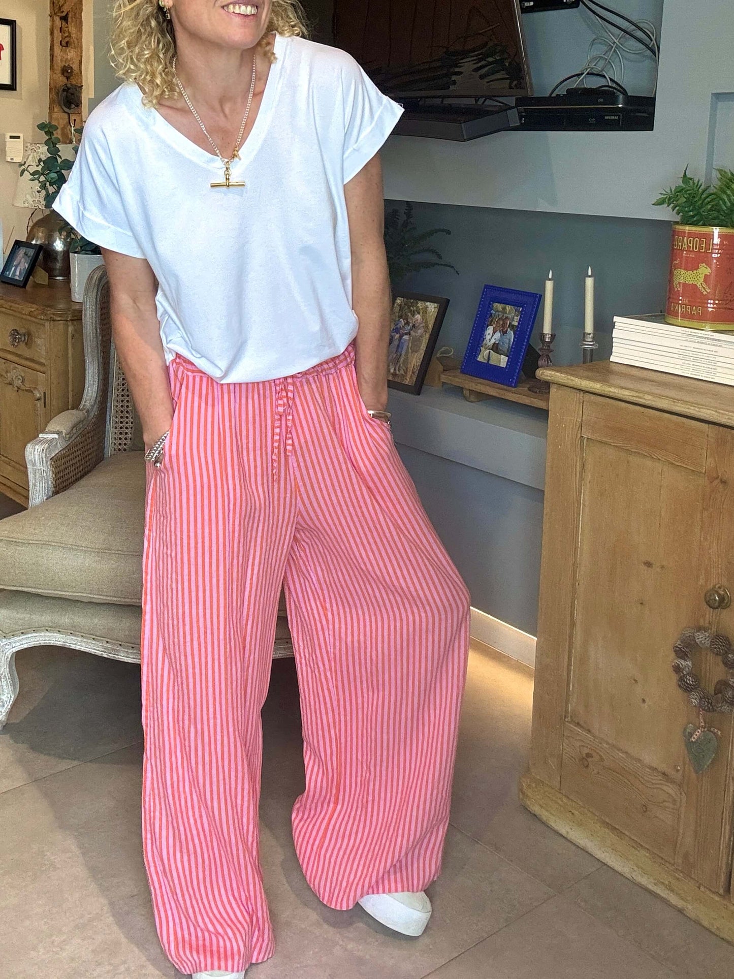 Candy Stripe Linen Trousers | Orange & Pink