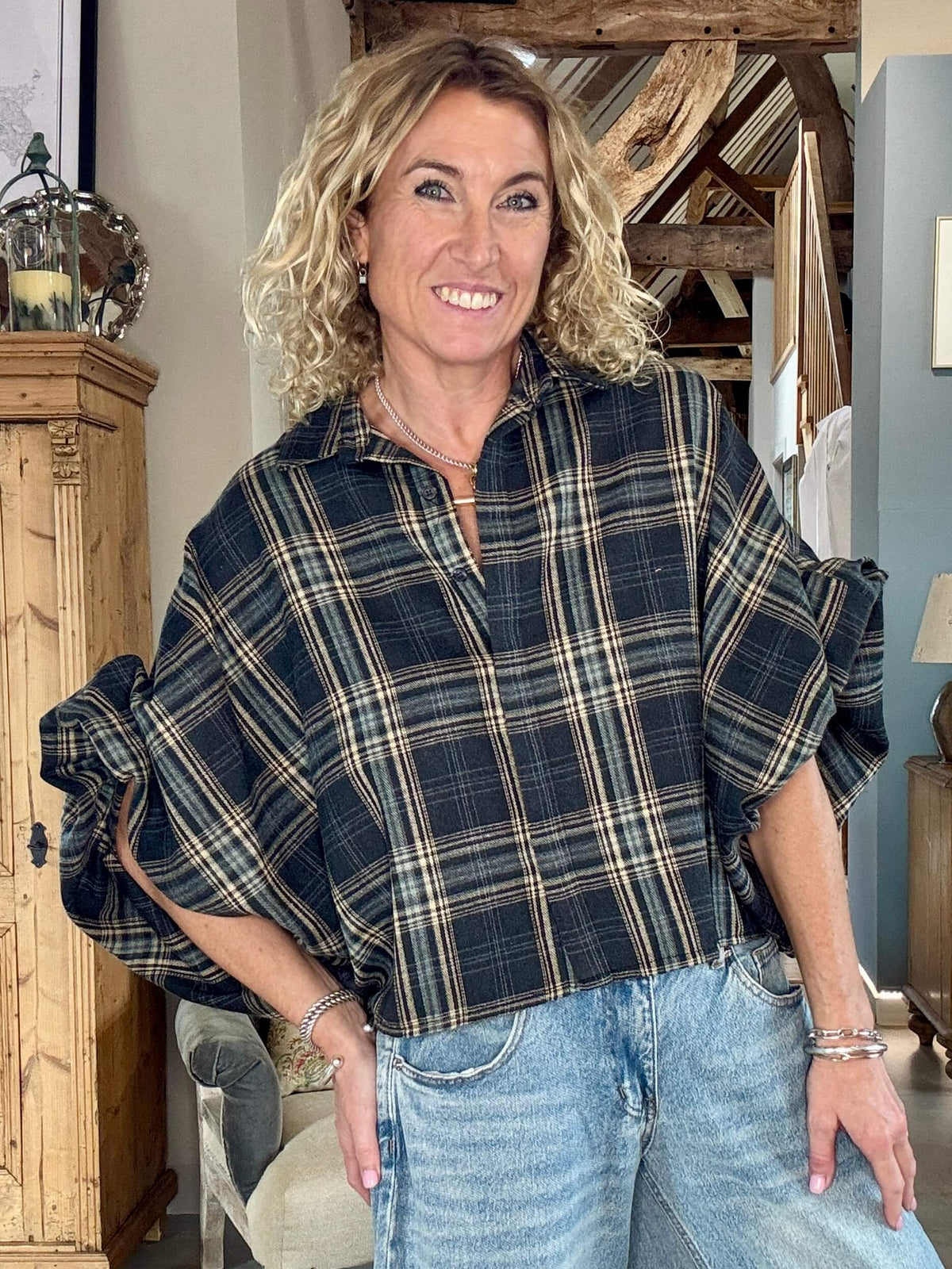 Jackson Plaid Bubble Sleeve Shirt | Charcoal & Blue