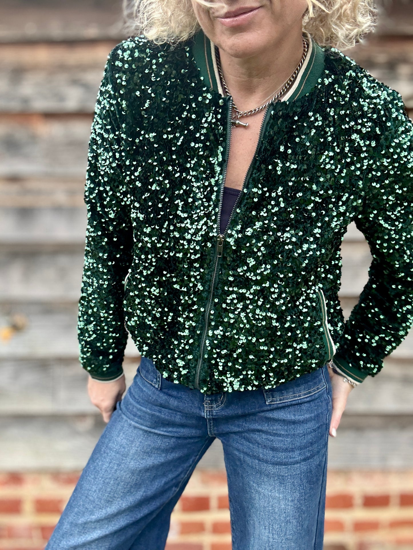 Sienna Sequin Bomber Jacket | Emerald