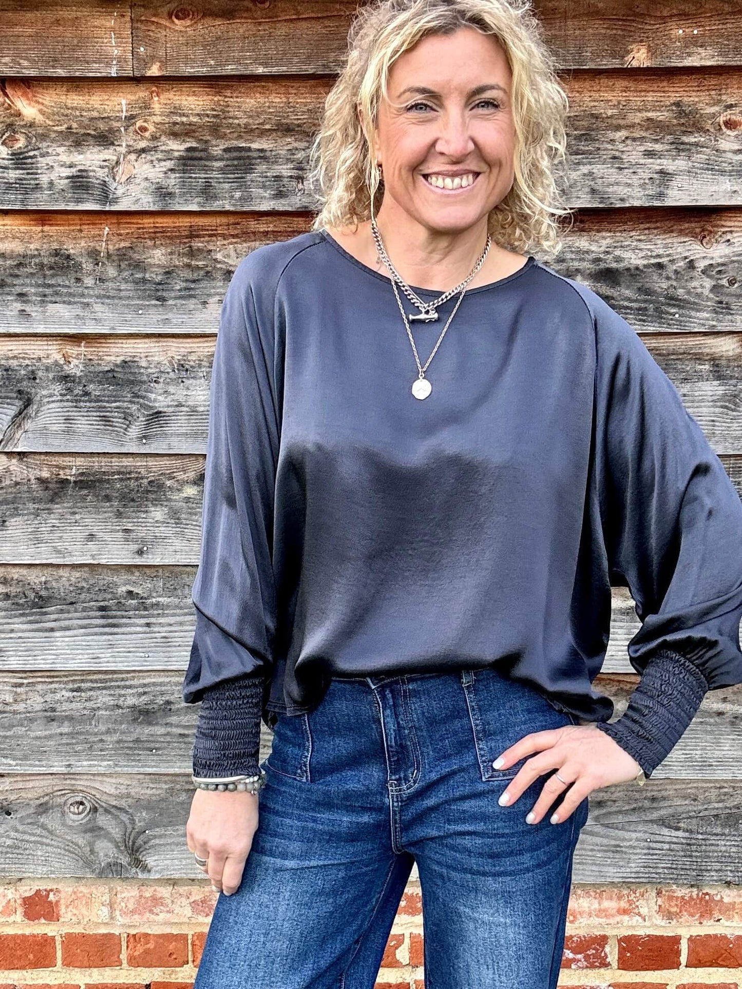 Sophia Satin Top | Charcoal