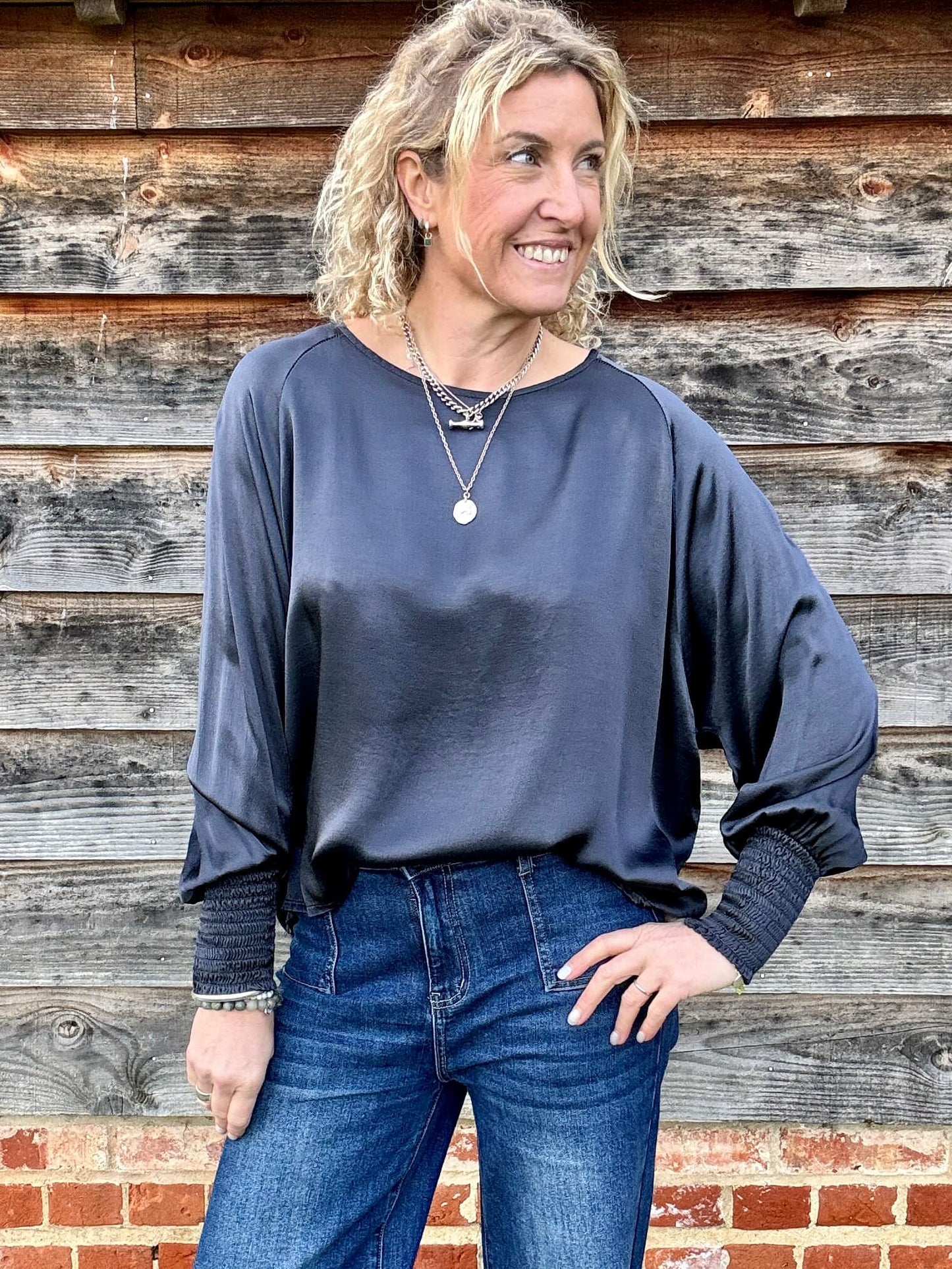Sophia Satin Top | Charcoal
