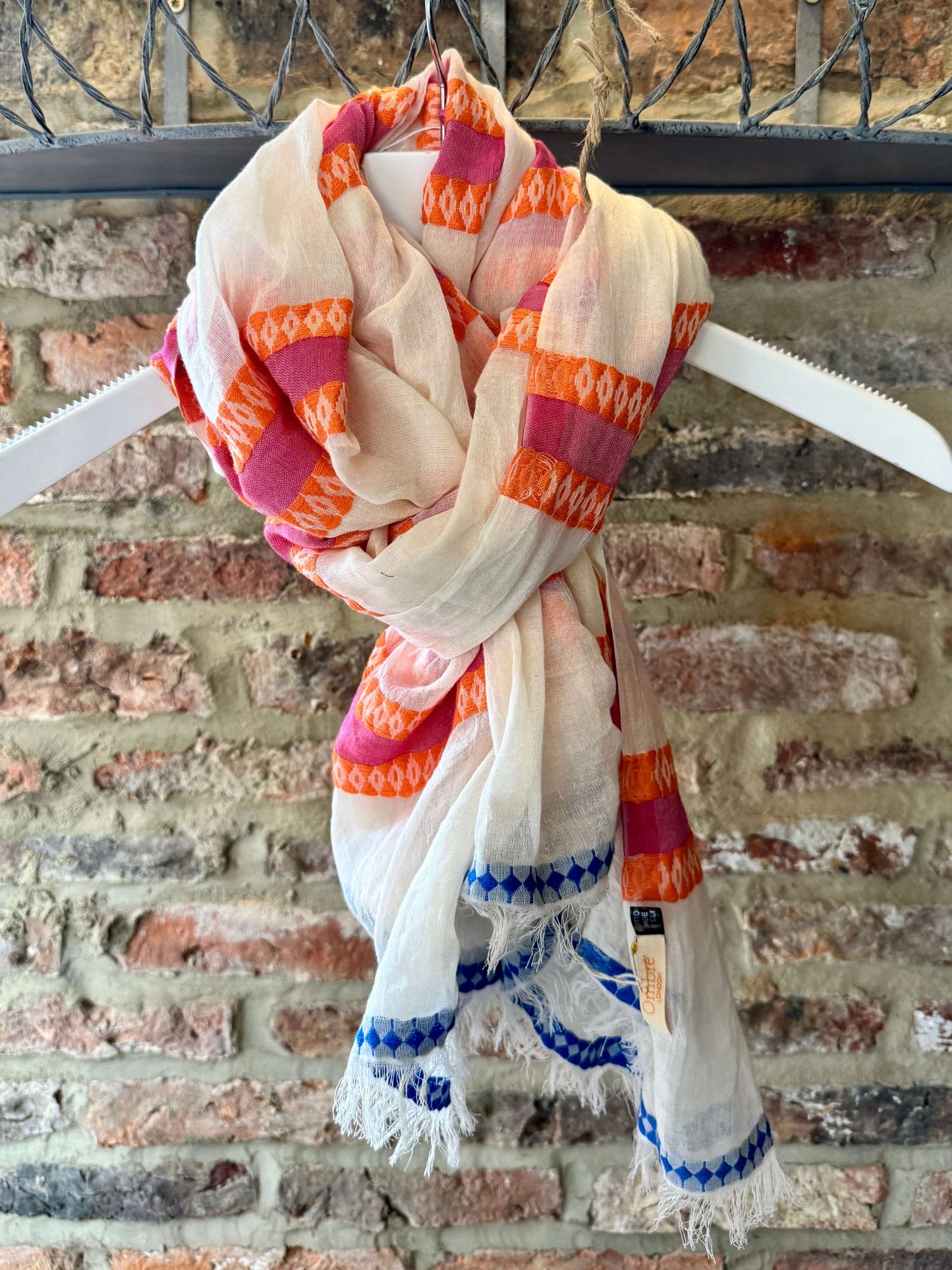 Cream Scarf with Orange, Pink & Blue Stripes