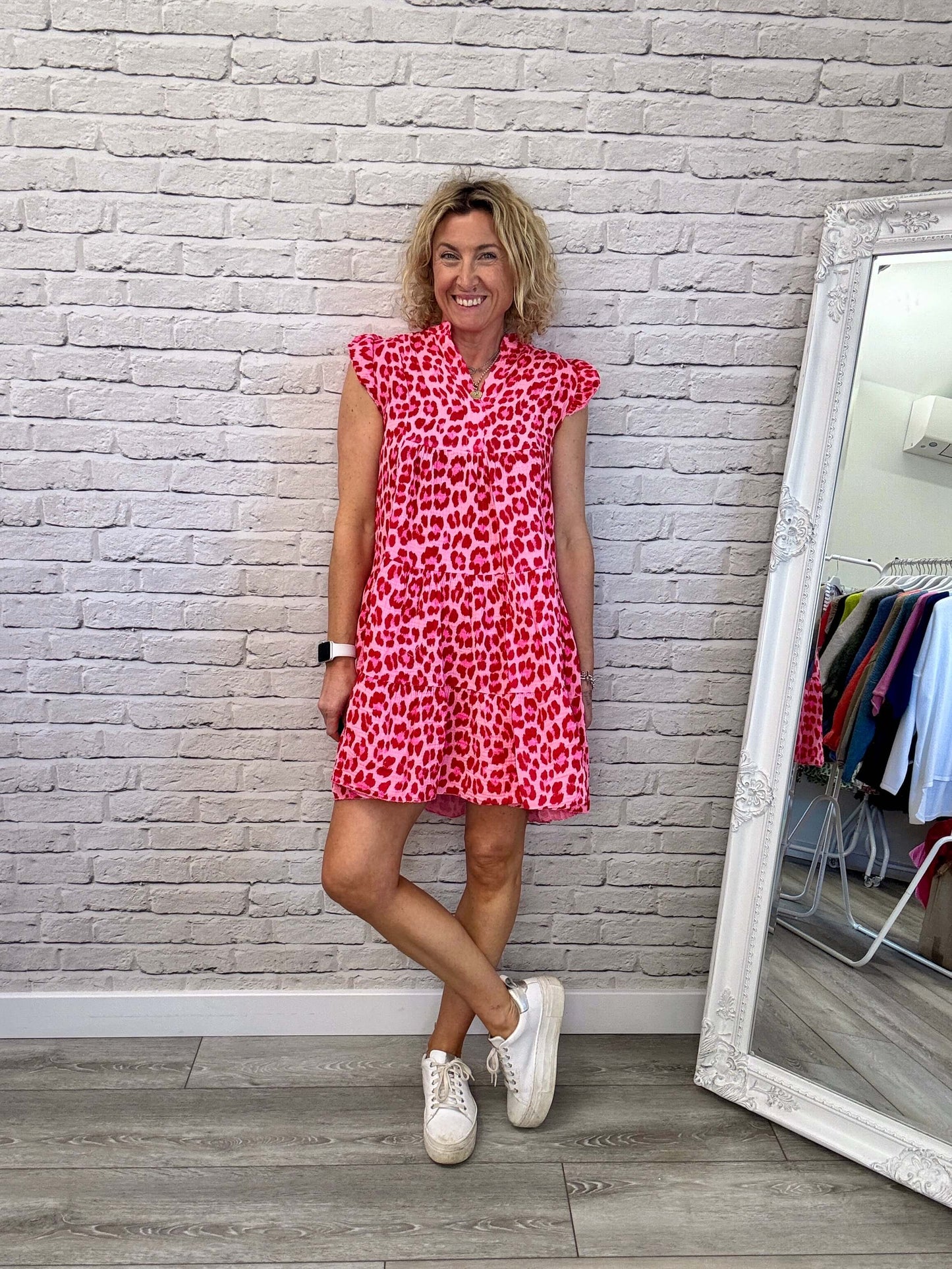 Zoe Leopard Dress | Red & Pink