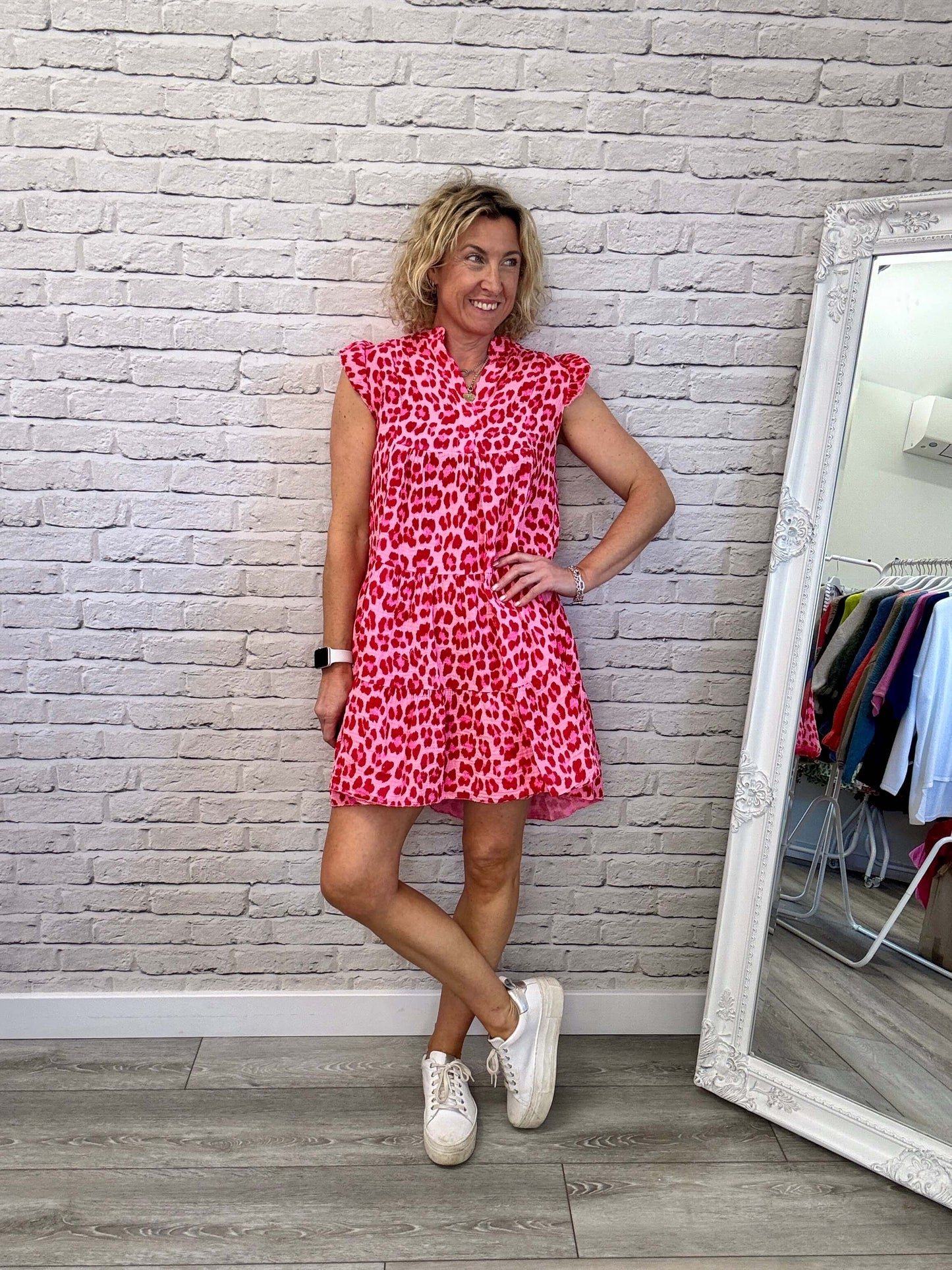 Zoe Leopard Dress | Red & Pink