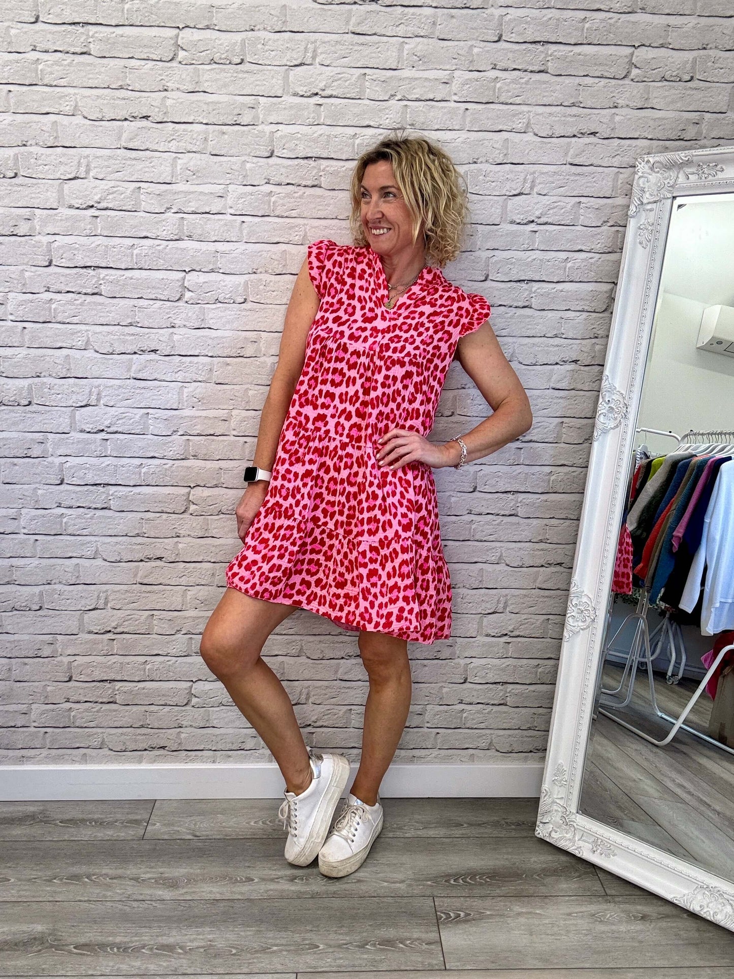 Zoe Leopard Dress | Red & Pink