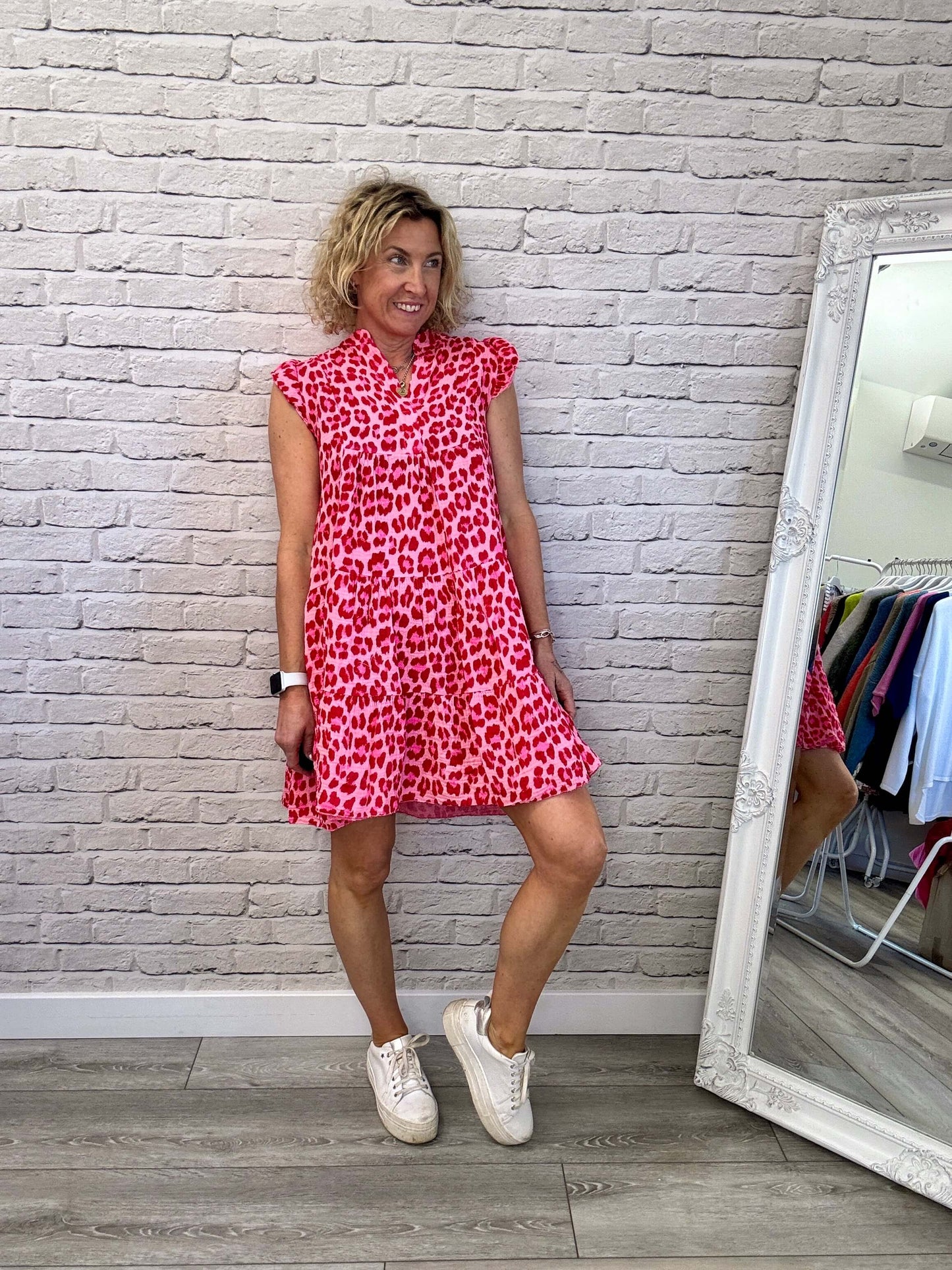 Zoe Leopard Dress | Red & Pink