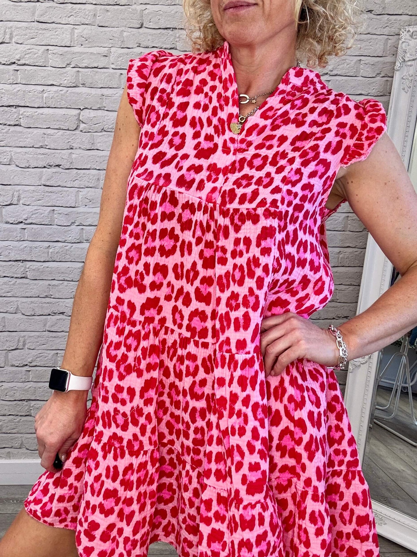 Zoe Leopard Dress | Red & Pink