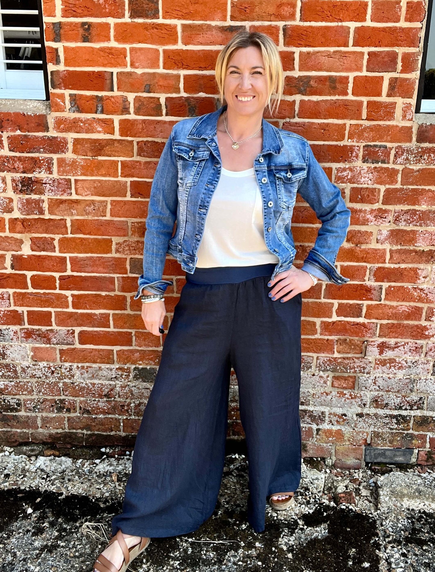 Linen Wide Leg Trousers | Navy