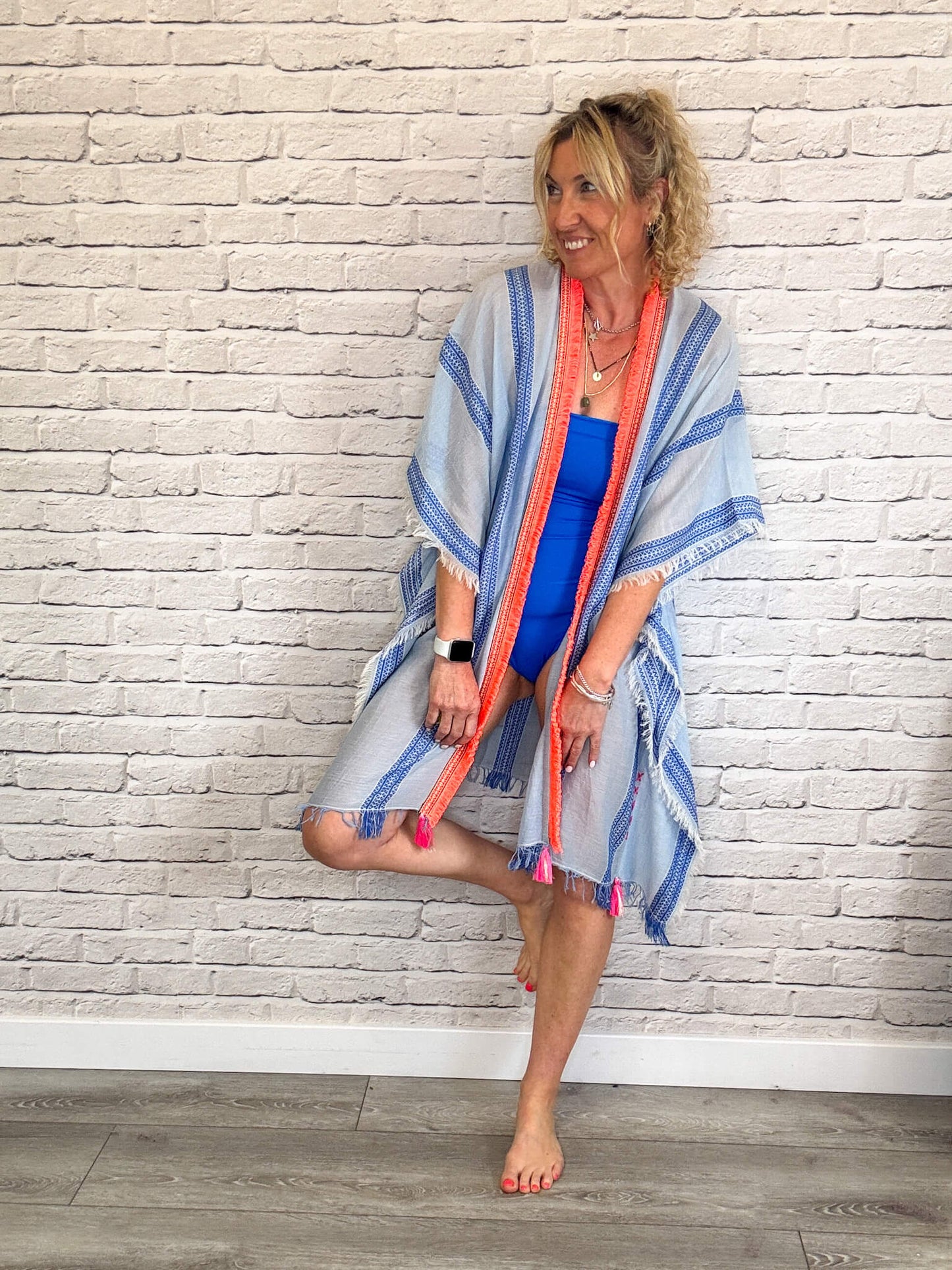 Blue Stripe with Neon Coral Trim Kaftan