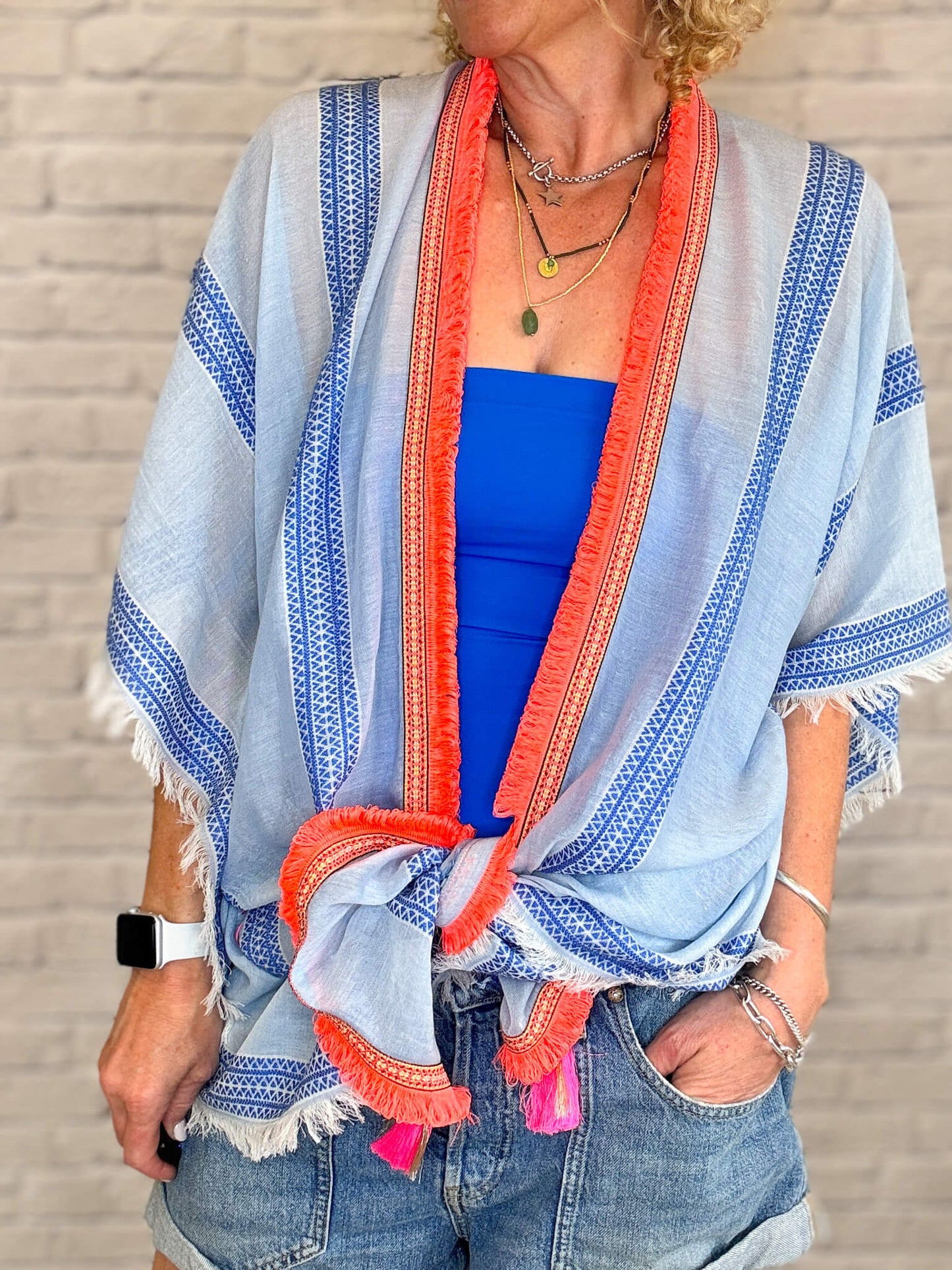 Blue Stripe with Neon Coral Trim Kaftan