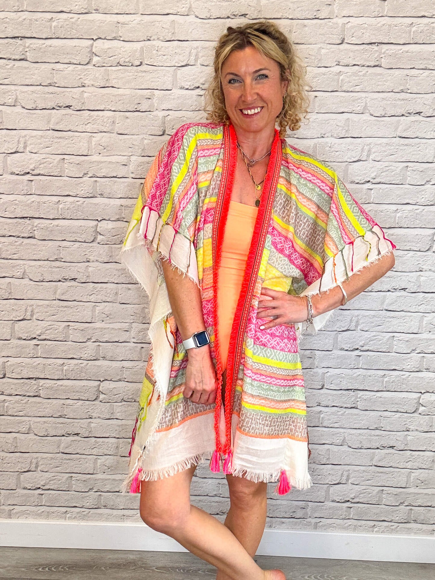 Neopolitan Kaftan with Neon Coral Trim