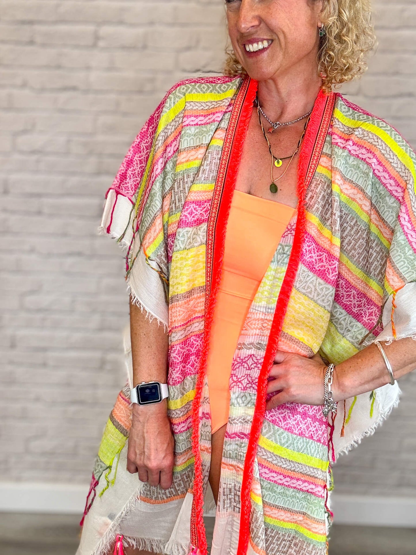 Neopolitan Kaftan with Neon Coral Trim
