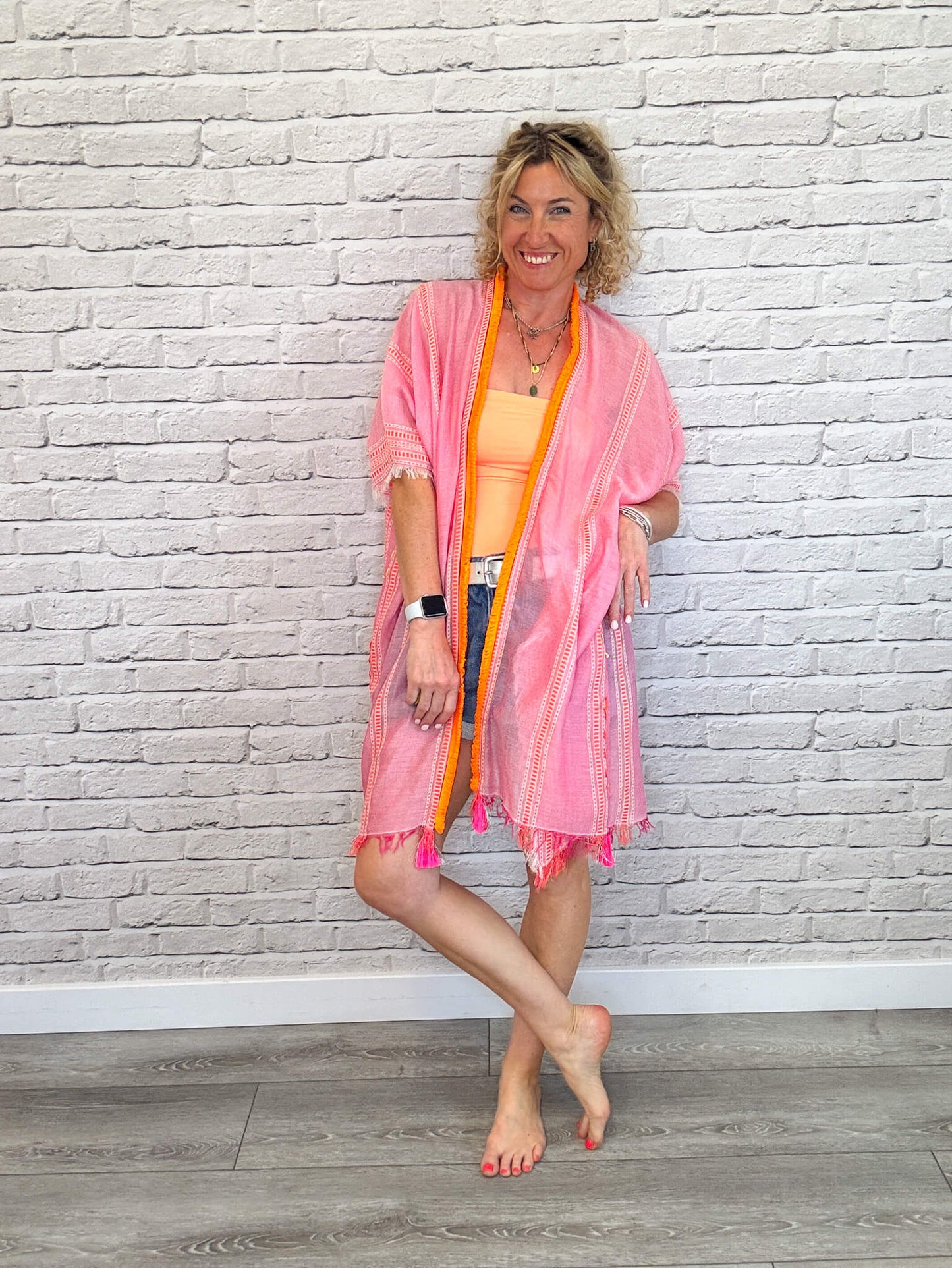 Pink & Orange Stripe Kaftan with Neon Orange Trim