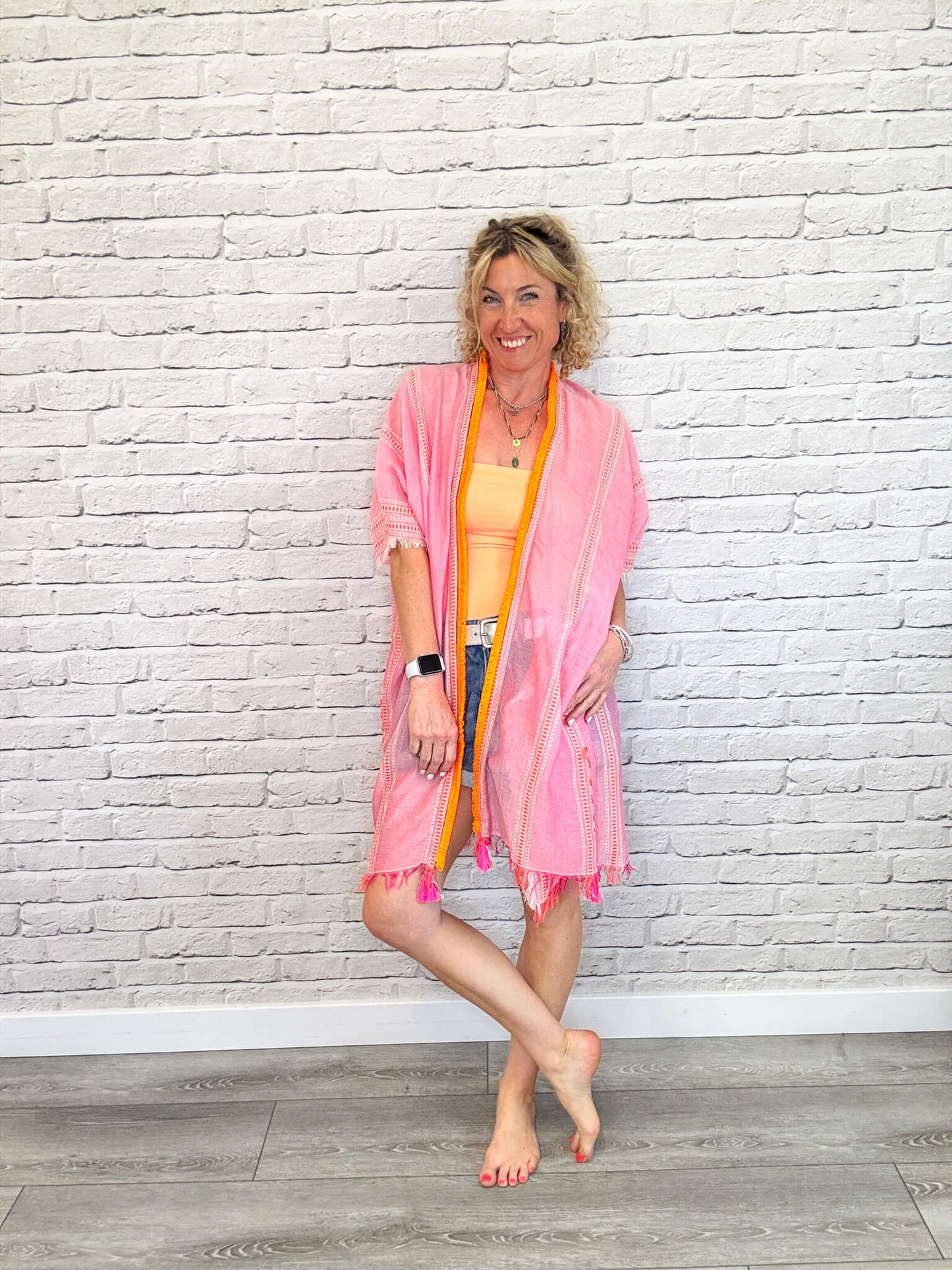 Pink & Orange Stripe Kaftan with Neon Orange Trim