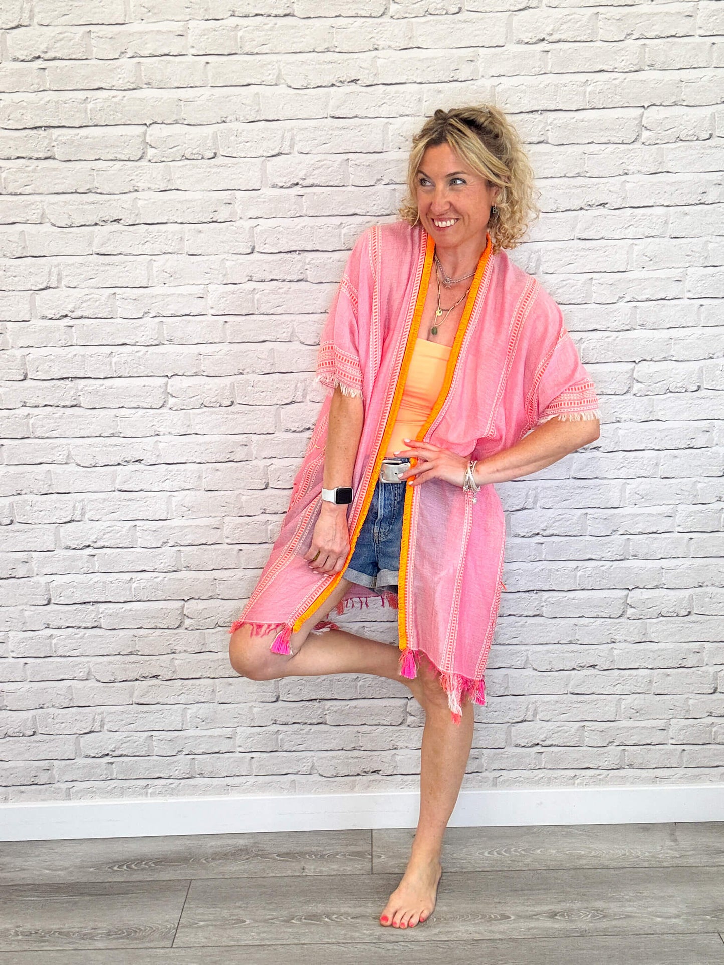 Pink & Orange Stripe Kaftan with Neon Orange Trim