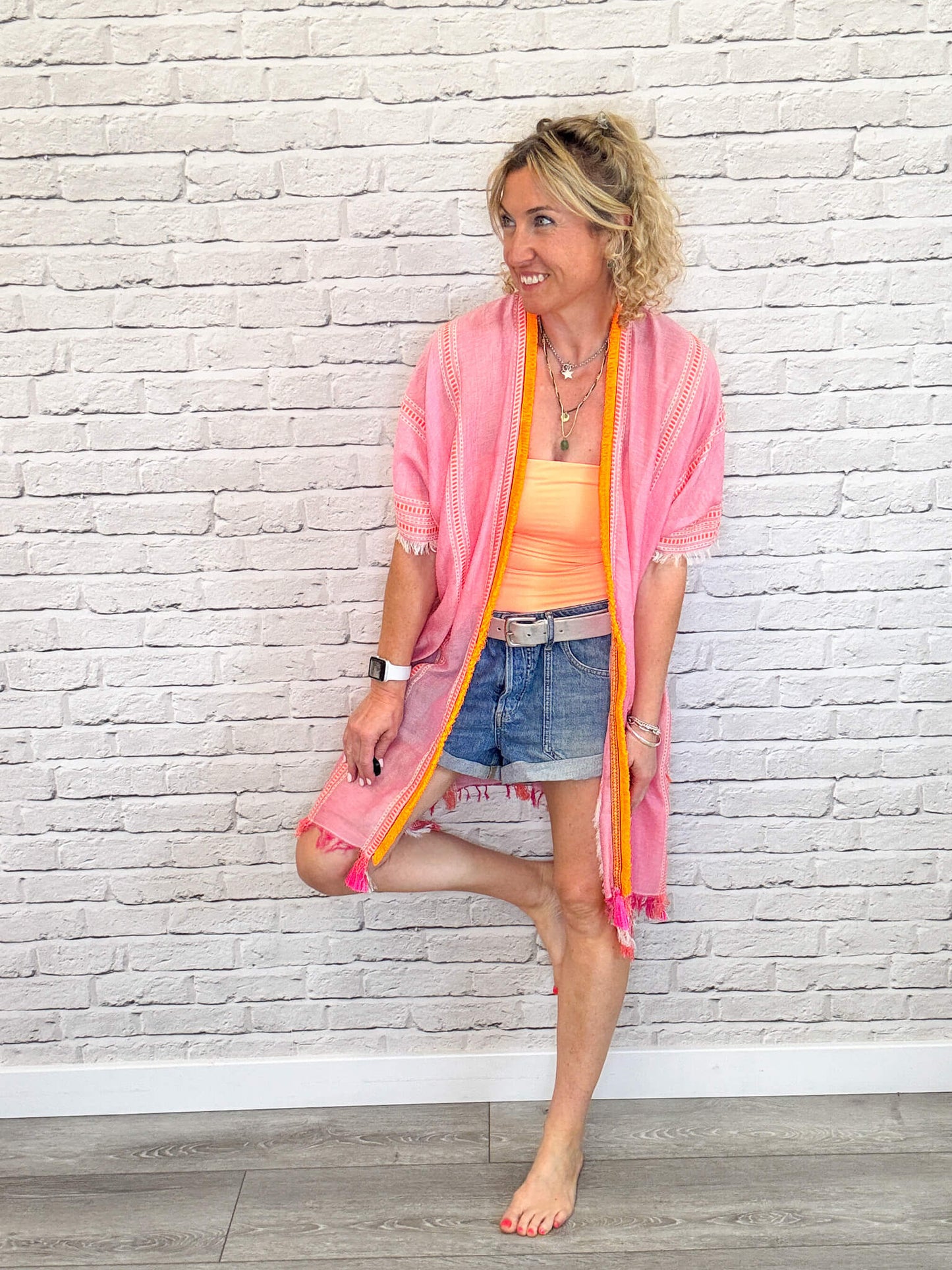 Pink & Orange Stripe Kaftan with Neon Orange Trim