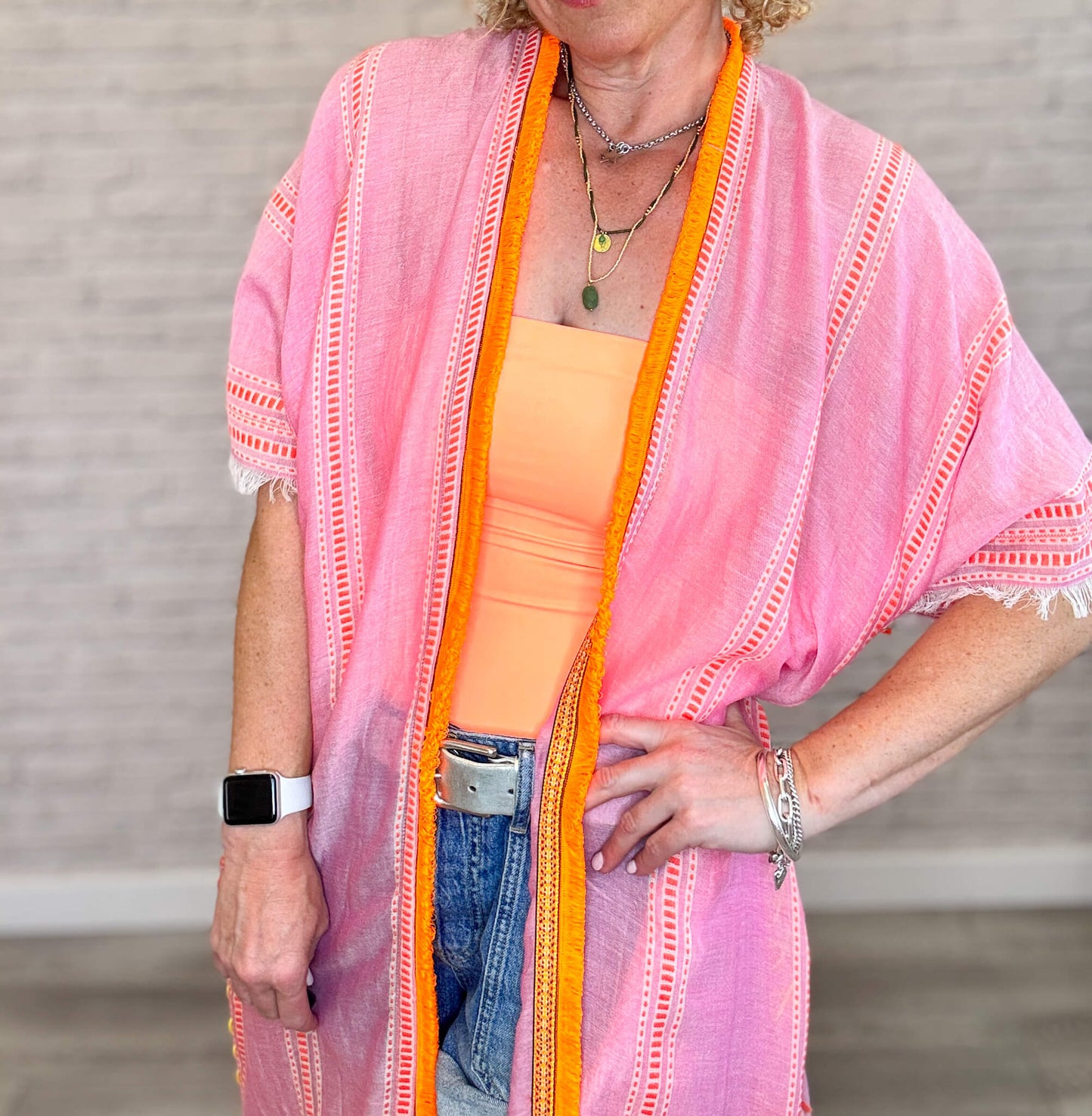 Pink & Orange Stripe Kaftan with Neon Orange Trim
