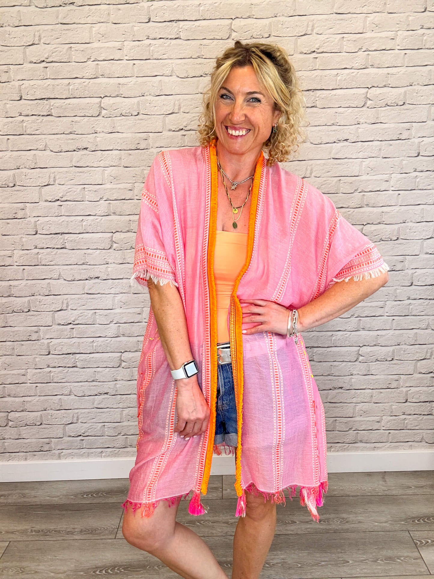 Pink & Orange Stripe Kaftan with Neon Orange Trim