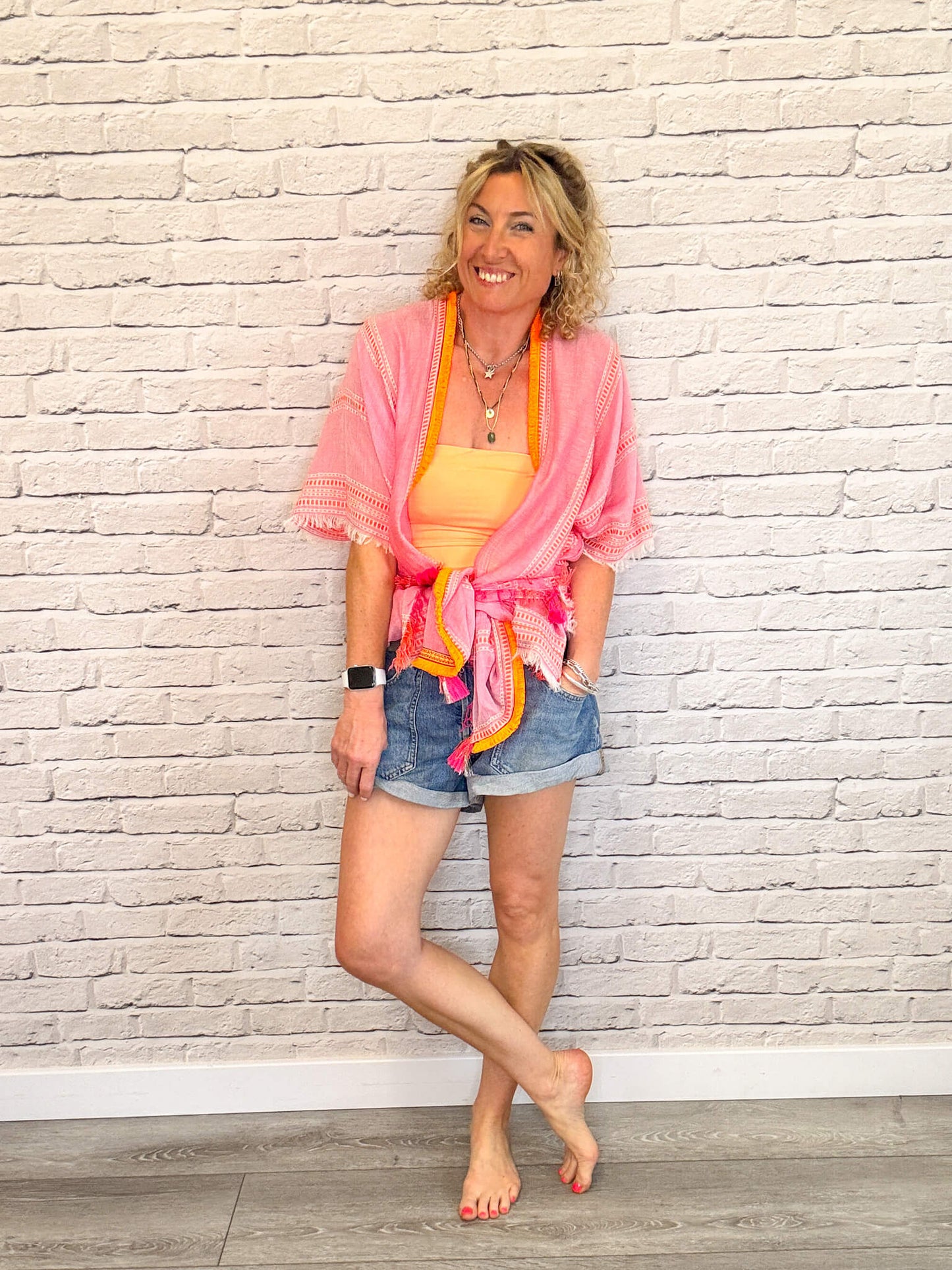 Pink & Orange Stripe Kaftan with Neon Orange Trim