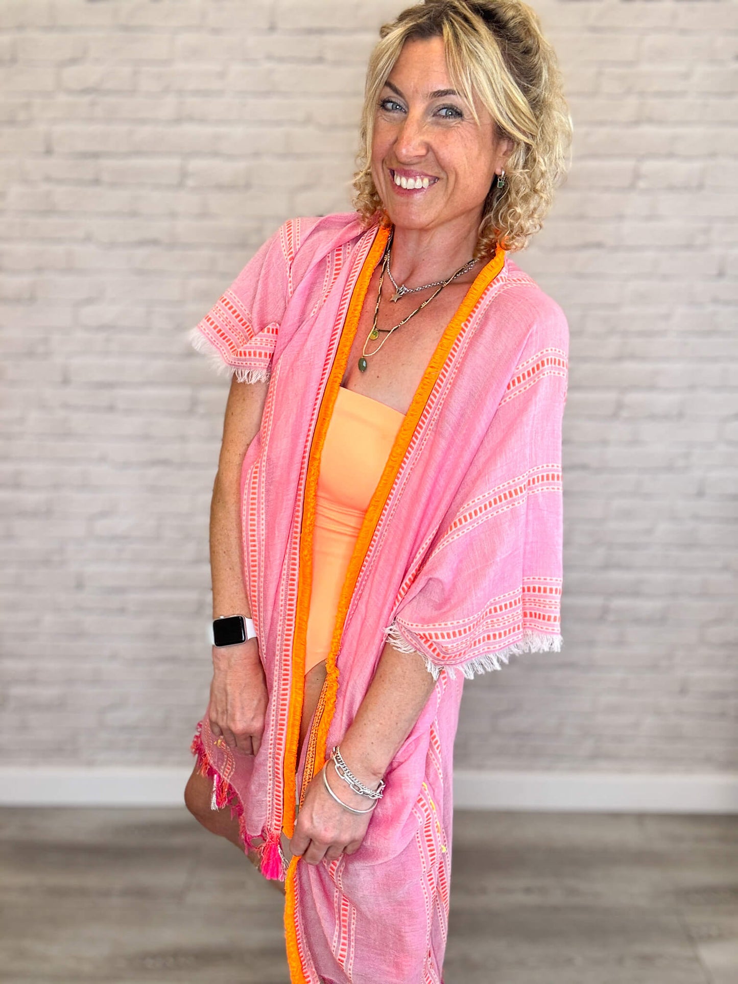 Pink & Orange Stripe Kaftan with Neon Orange Trim