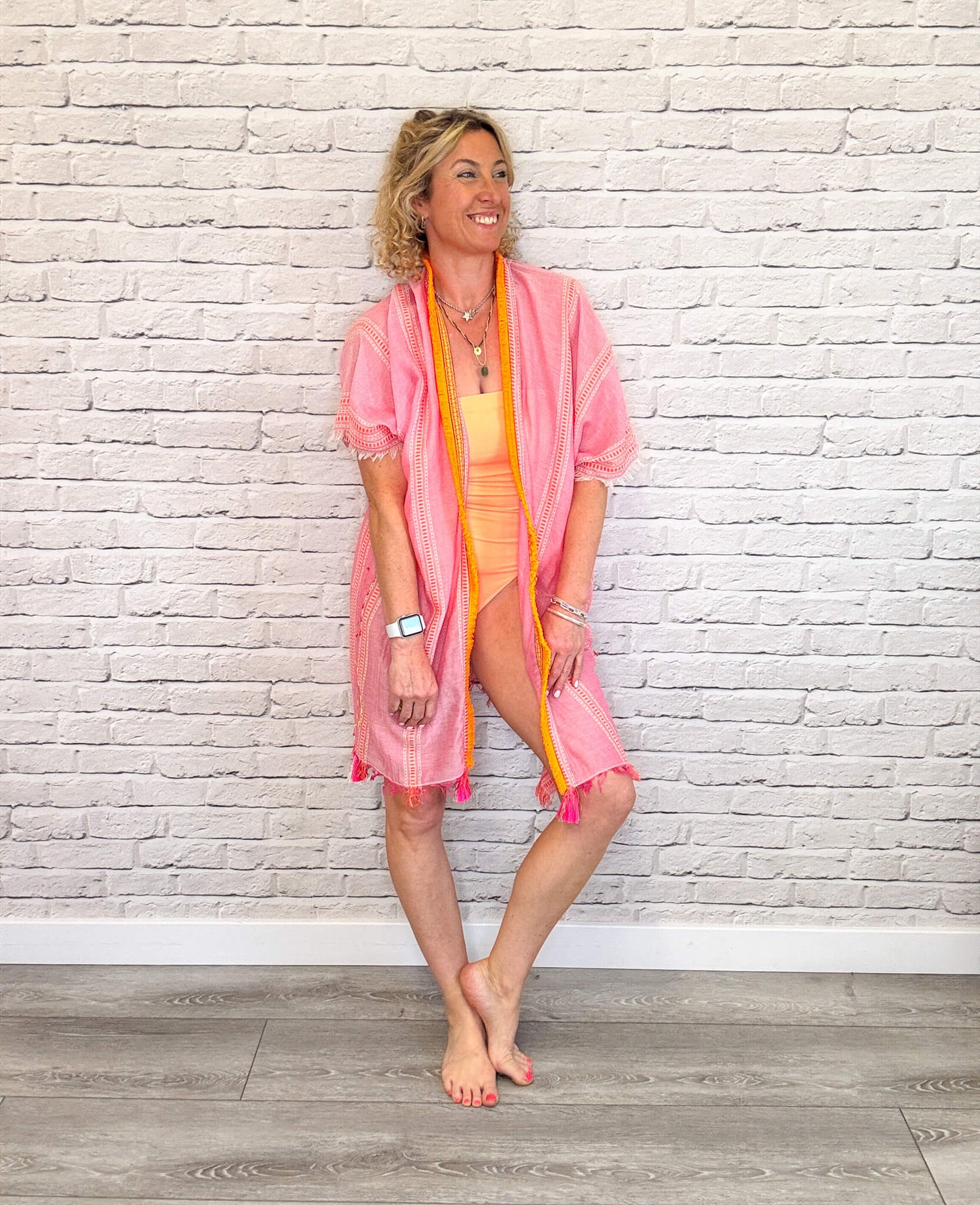Pink & Orange Stripe Kaftan with Neon Orange Trim