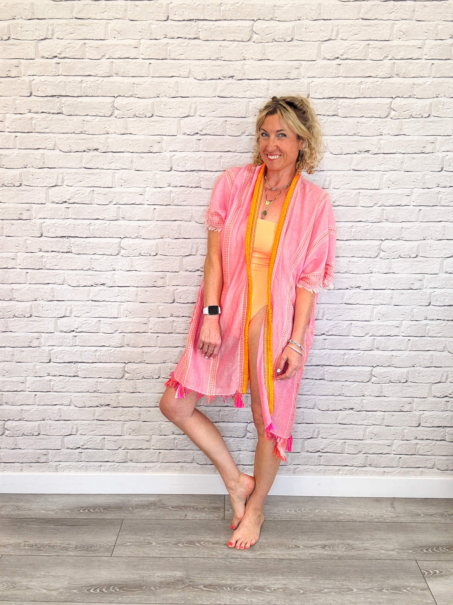 Pink & Orange Stripe Kaftan with Neon Orange Trim