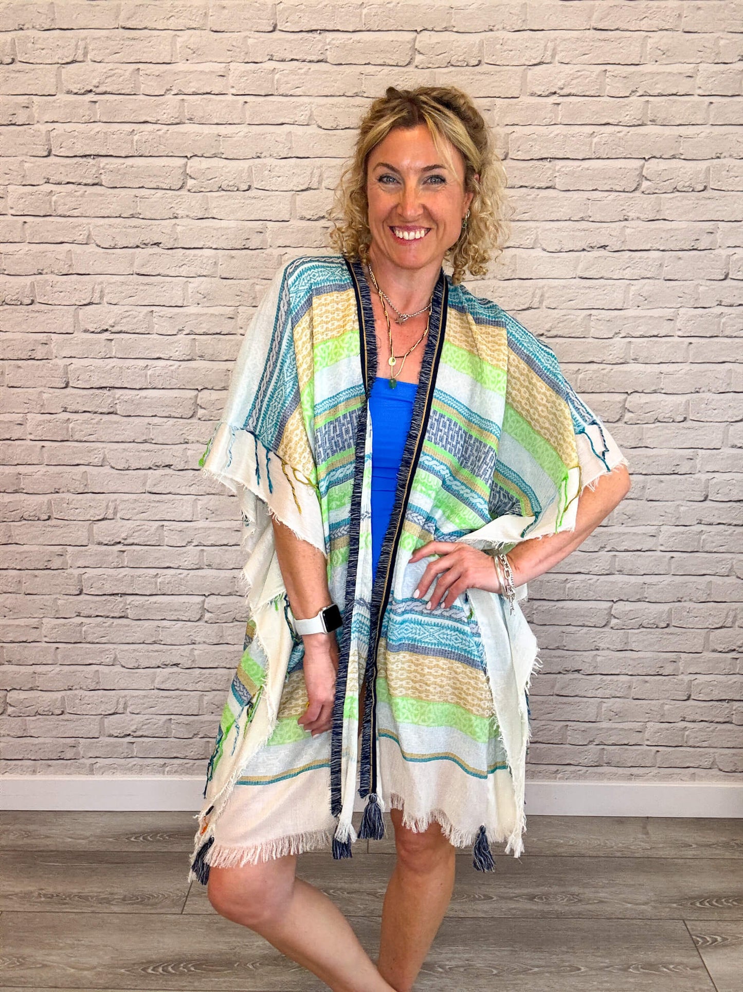 Blue & Green Stripe Kaftan with Navy & Gold Trim