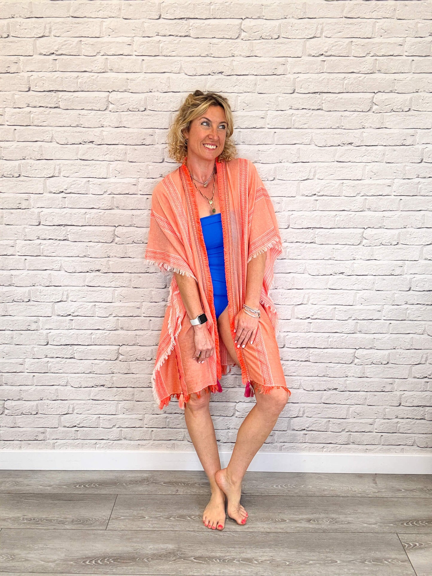 Orange Stripe Kaftan with Neon Coral Trim