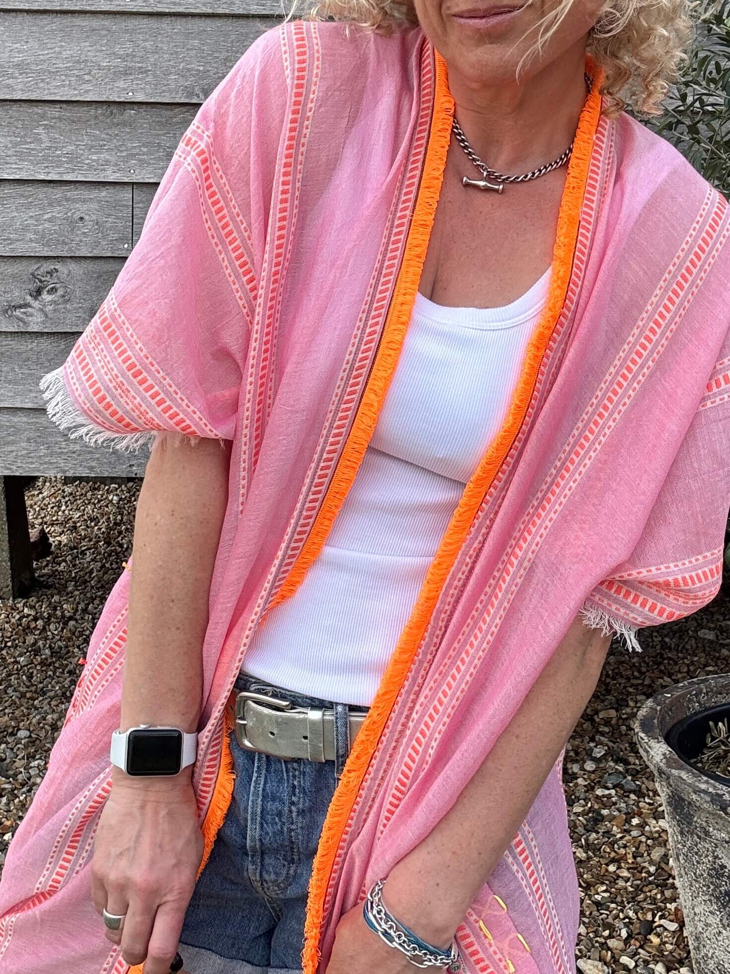 Pink & Orange Stripe Kaftan with Neon Orange Trim